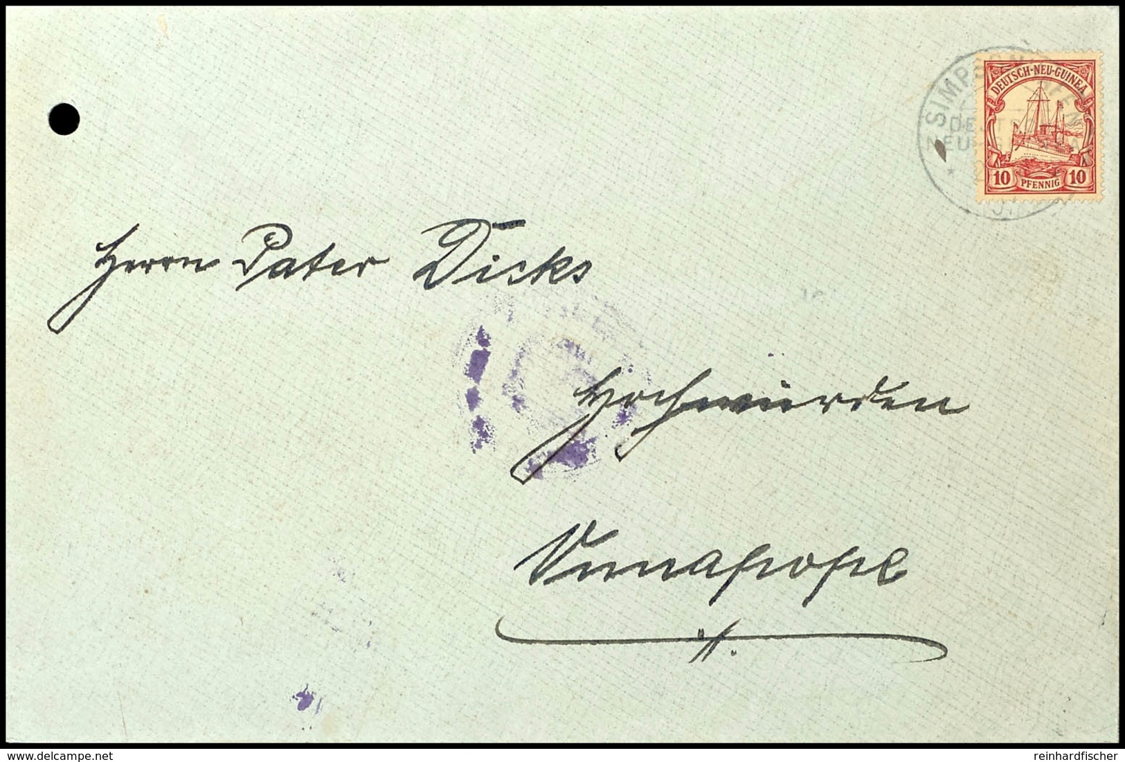 6634 1907, 10 Pfg Kaiseryacht Auf Brief, Stempel SIMPSONHAFEN DNG 24/10 07, An Pater Johannes Dicks In Vunapope. Rücksei - Sonstige & Ohne Zuordnung