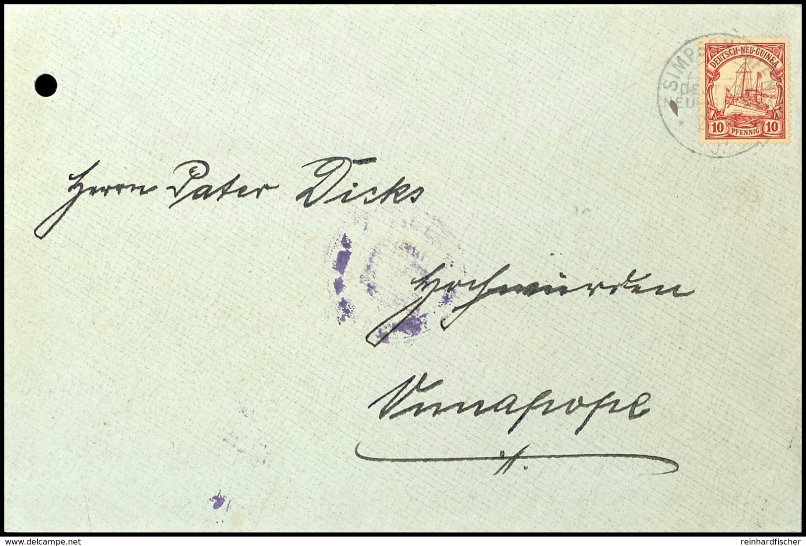 6634 1907, 10 Pfg Kaiseryacht Auf Brief, Stempel SIMPSONHAFEN DNG 24/10 07, An Pater Johannes Dicks In Vunapope. Rücksei - Andere & Zonder Classificatie