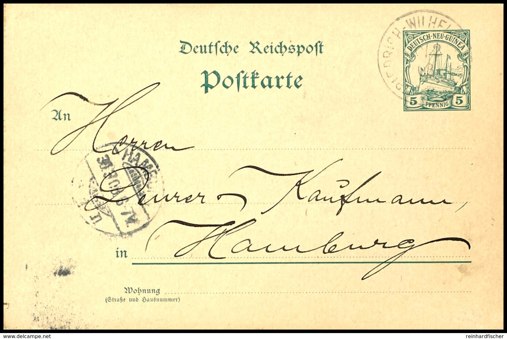 6638 1908, Ganzsachenkarte 5 Pfg Kaiseryacht, Stempel FRIEDRICH-WILHELMSHAFEN 10/2 08, Nach Hamburg. Rückseitig Absender - Andere & Zonder Classificatie