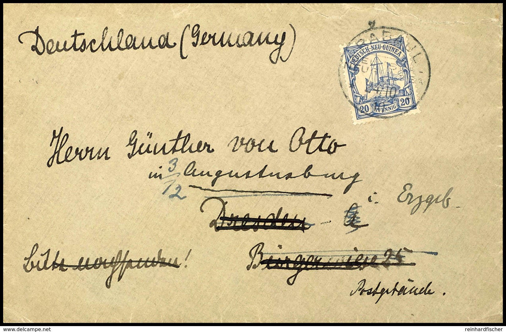 6648 20 Pfg Kaiseryacht Auf Brief Nach Sachsen, Stempel RABAUL DNG 24/10 10. Absenderin: Ada Stübel, Frau Des Dr. Jur. G - Andere & Zonder Classificatie