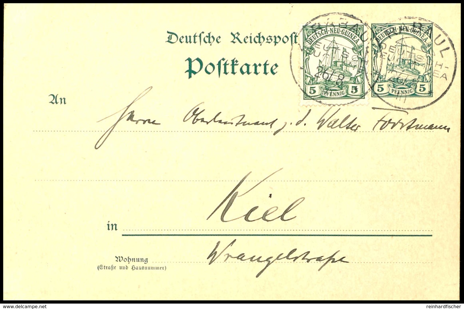 6656 1910, Ganzsachenkarte 5 Pfg Kaiseryacht Mit Zus.-Frankatur 5 Pfg Kaiseryacht, Stempel RABAUL 26/8 10, Nach Kiel. Im - Andere & Zonder Classificatie
