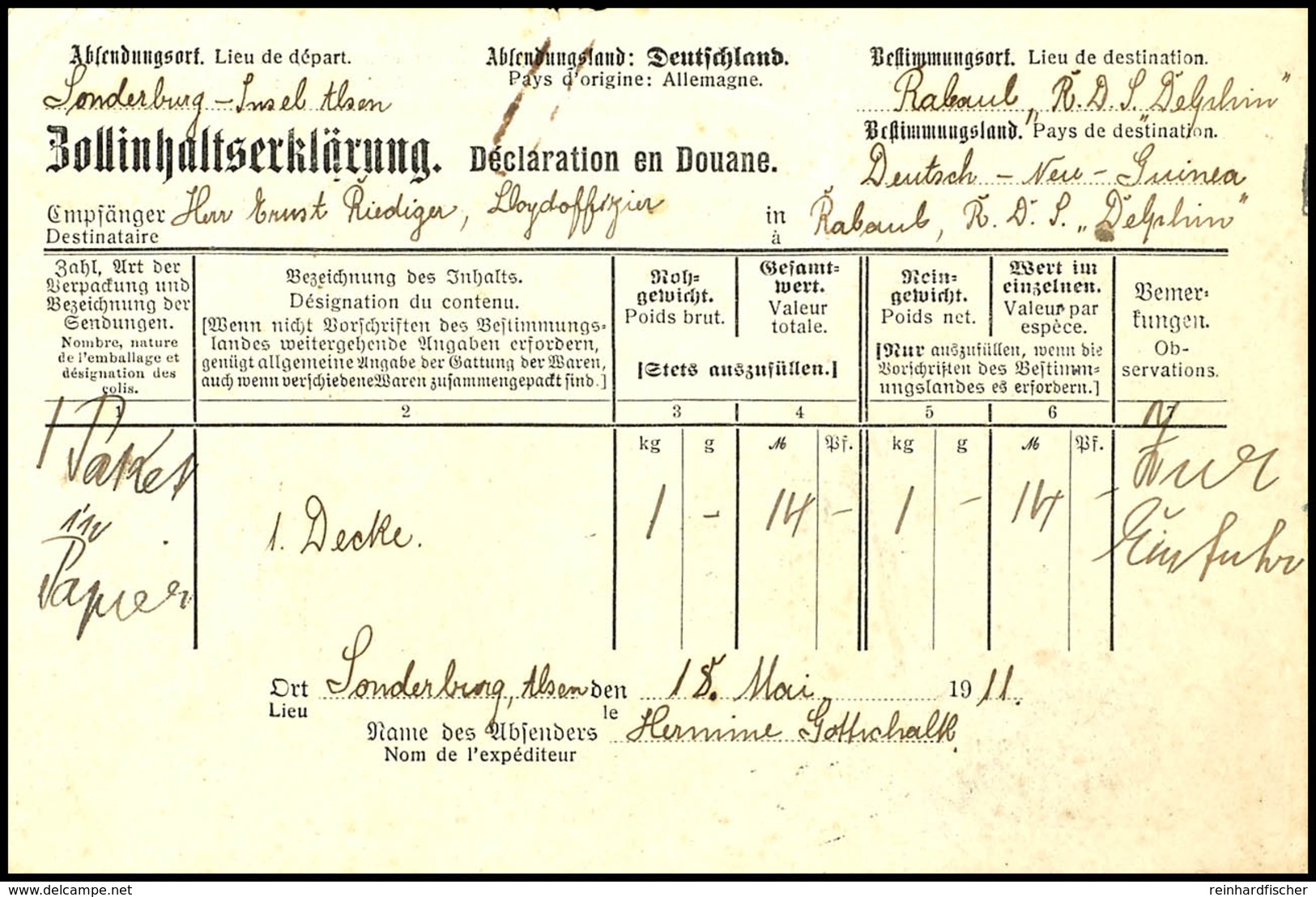 6659 1911, ZOLLINHALTSERKLÄRUNG (ausgestellt In Sonderburg, Alsen) Für "1 Paket In Papier" An Den Lloydoffizier Ernst Ri - Andere & Zonder Classificatie