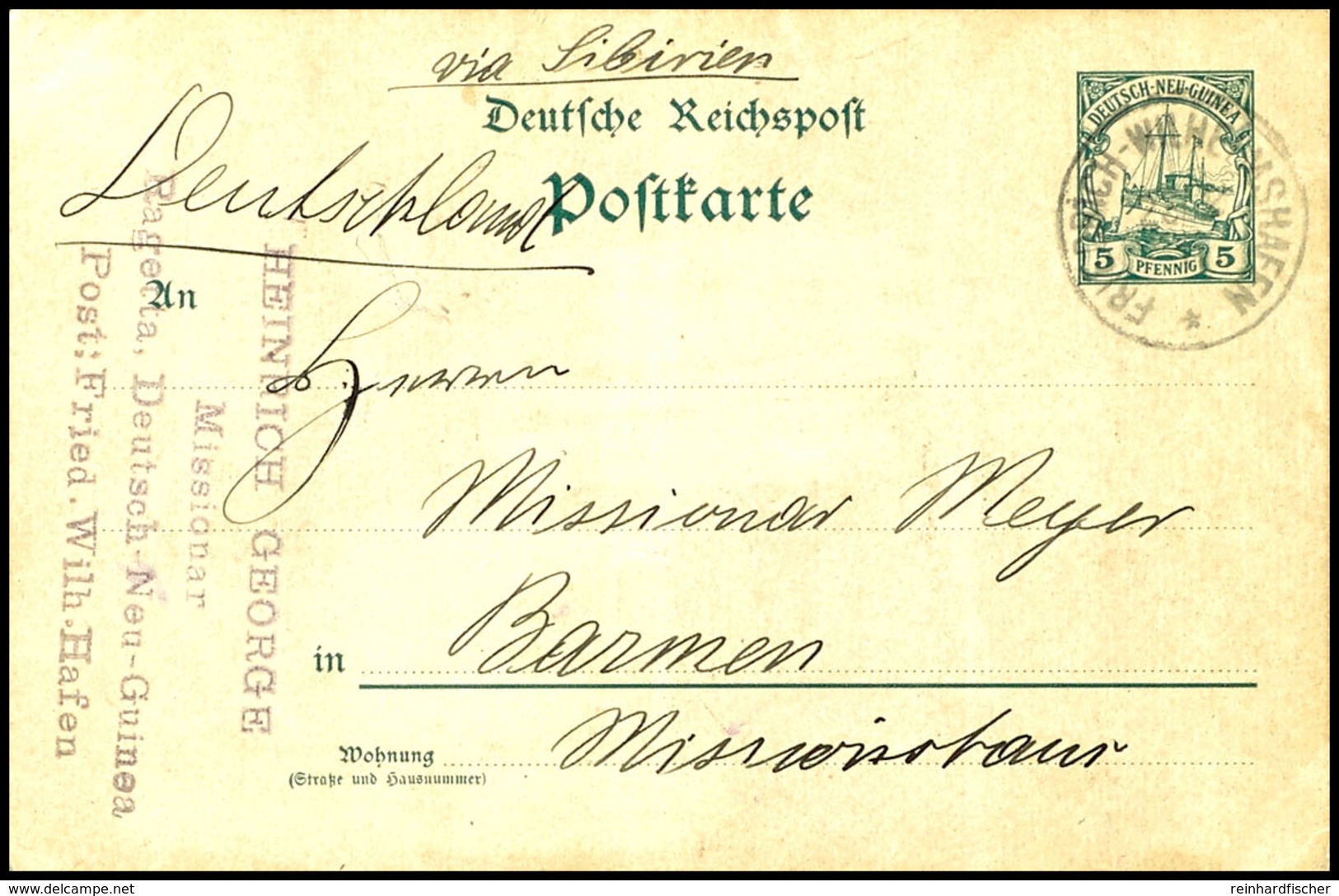 6667 1911, Ganzsachenkarte 5 Pfg Kaiseryacht, Stempel FRIEDRICH-WILHELMSHAFEN 23/2 11, Nach Barmen. Der Missionar Heinri - Andere & Zonder Classificatie