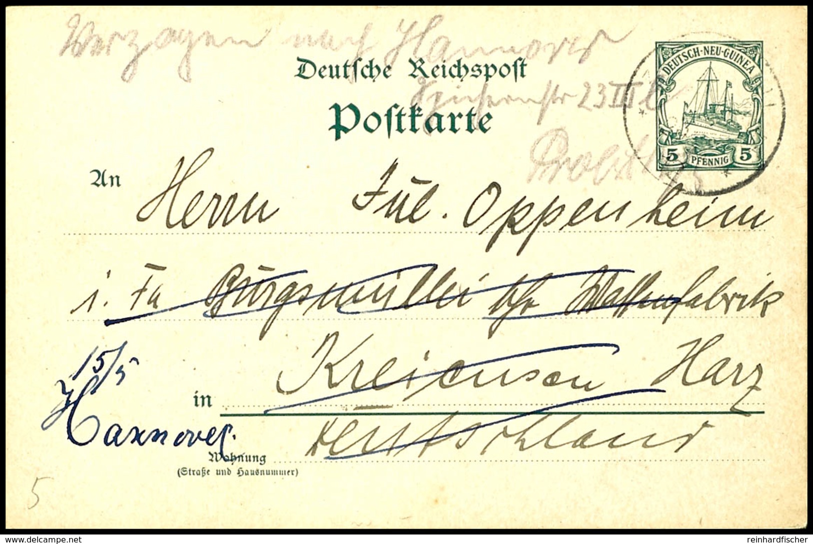 6673 1912, Ganzsachenkarte 5 Pfg Kaiseryacht, Schwacher Stempel RABAUL (Datum Nicht Lesbar, Karte Abgesandt Am 28.III.19 - Andere & Zonder Classificatie