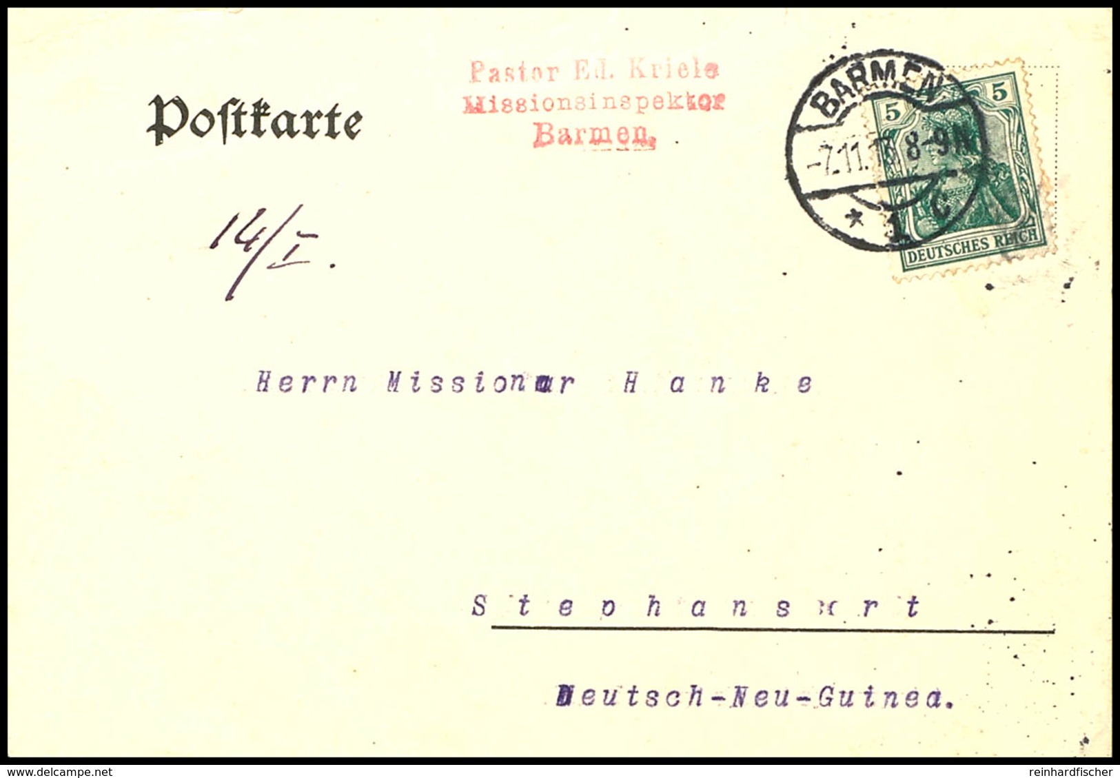 6678 1913, MISSIONSKORRESPONDENZ: Postkarte Mit 5 Pfg Germania (Abs.-Stempel "Pastor Ed. Kriele / Missionsinspektor /Bar - Andere & Zonder Classificatie