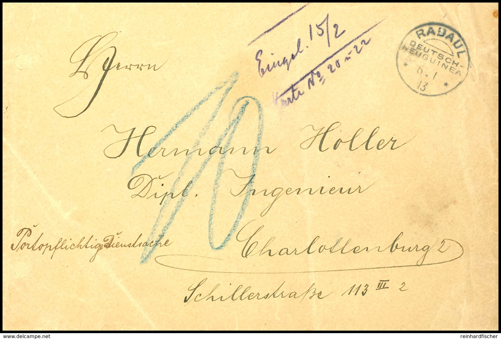 6679 1913, Portopflichtige Dienstsache Ohne Frankatur, Rückseitig Verschlussvignette "Kaiserl. Deutsches Postamt / Rabau - Andere & Zonder Classificatie