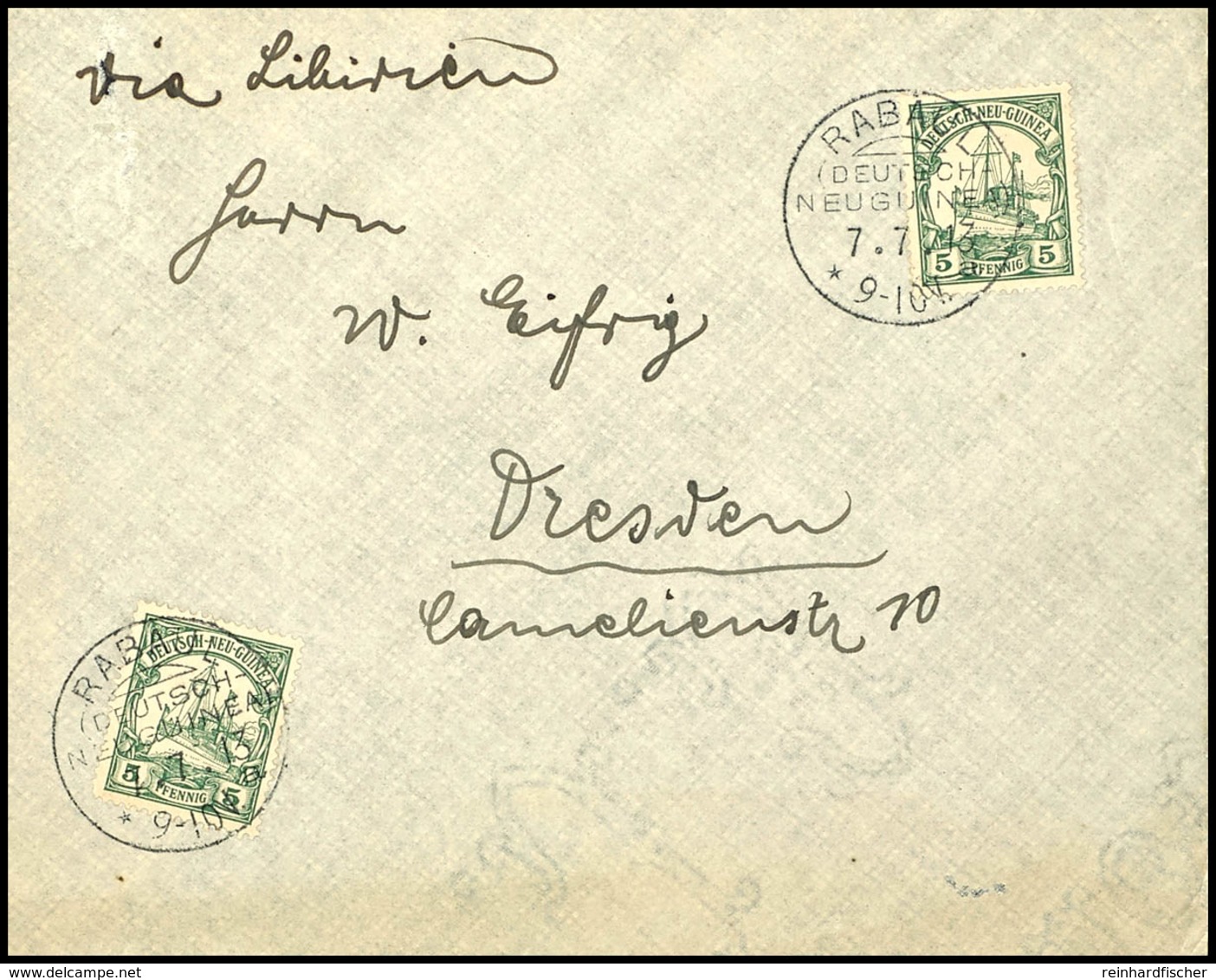 6684 1913, 5 Pfg (2) Kaiseryacht Auf Brief, Stempel RABAUL (DNG) 7.7.13, Nach Dresden. Rückseitig Violetter Absenderstem - Andere & Zonder Classificatie