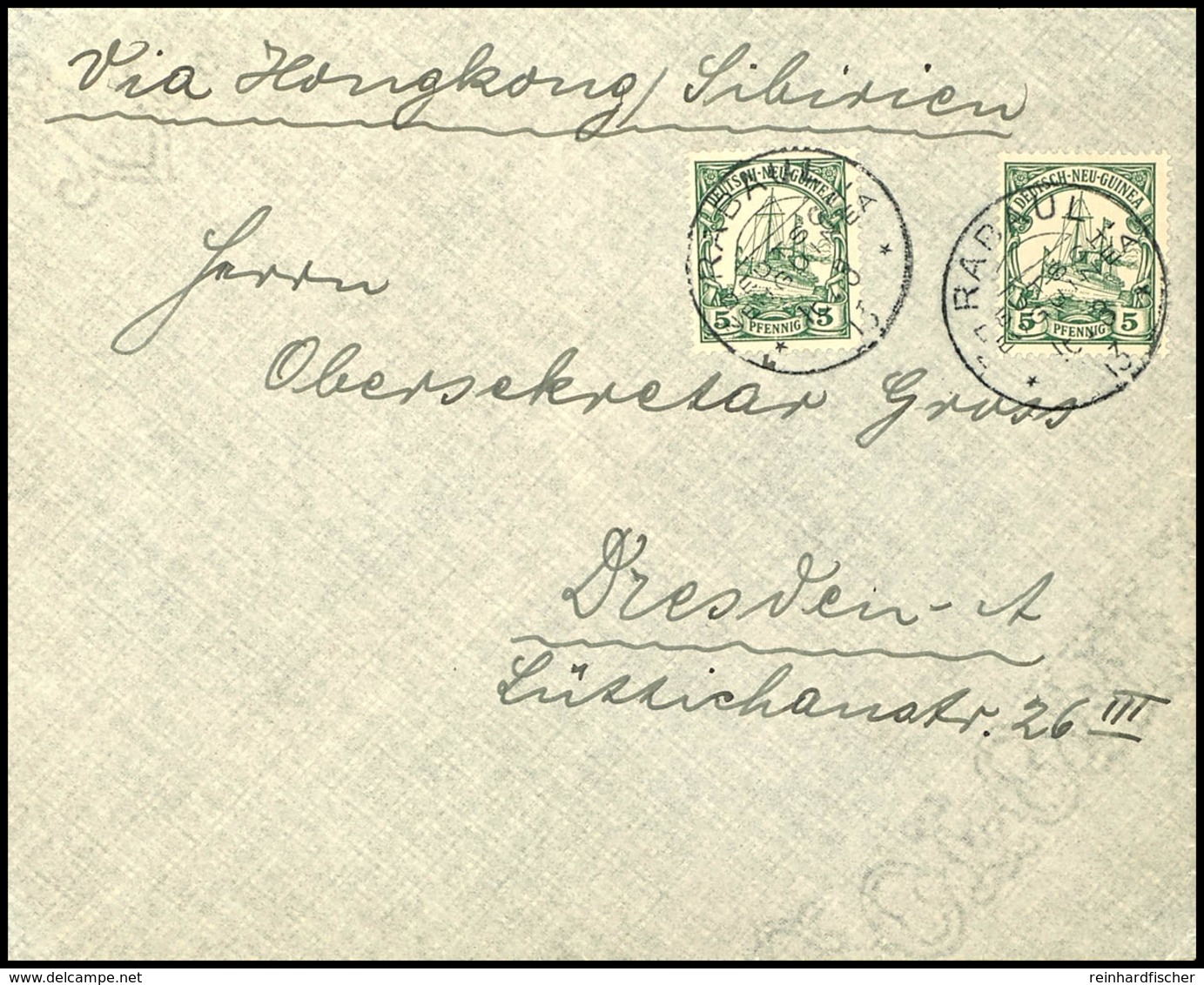 6685 1913, 5 Pfg (2) Kaiseryacht Auf Brief, Stempel RABAUL DNG 16.3 13, Nach Dresden. Rückseitig Violetter Absenderstemp - Andere & Zonder Classificatie