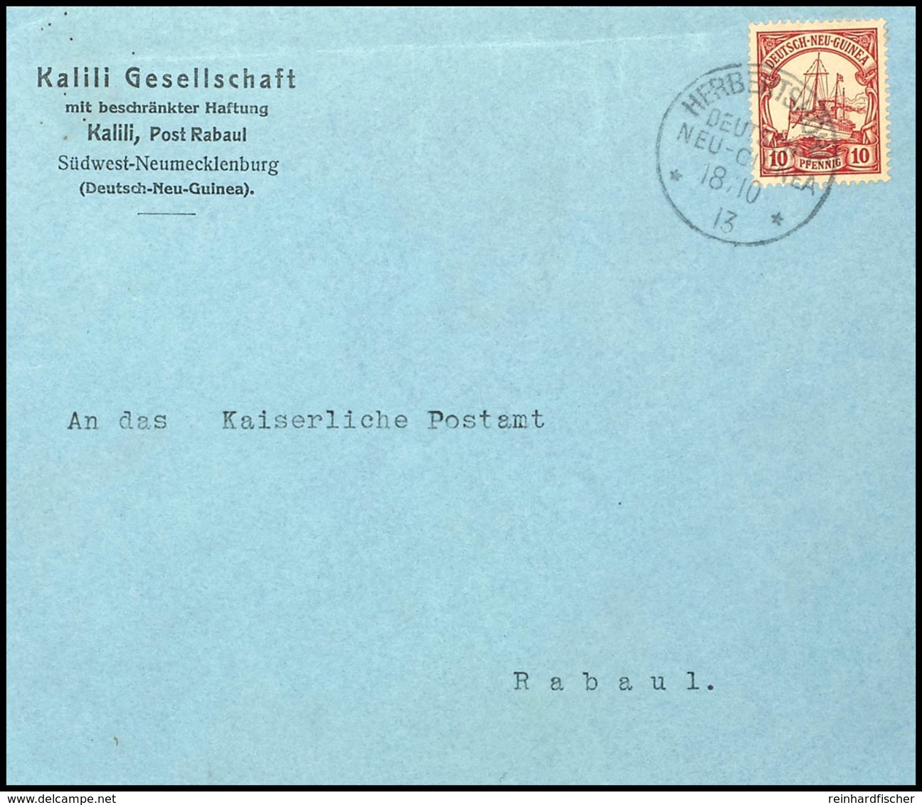 6687 1913, Vordruckbrief-Vorderseite Der Kalili Gesellschaft, Südwest-Neumecklenburg, Mit 10 Pfg Kaiseryacht, Stempel HE - Sonstige & Ohne Zuordnung