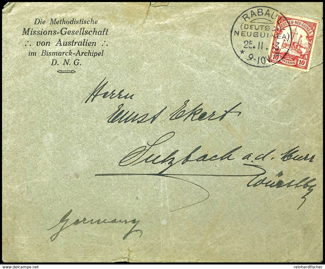 6690 1913, 10 Pfg Kaiseryacht Auf Brief Mit Vorderseitig Gedrucktem Absender "Die Methodistische / Missions-Gesellschaft - Sonstige & Ohne Zuordnung