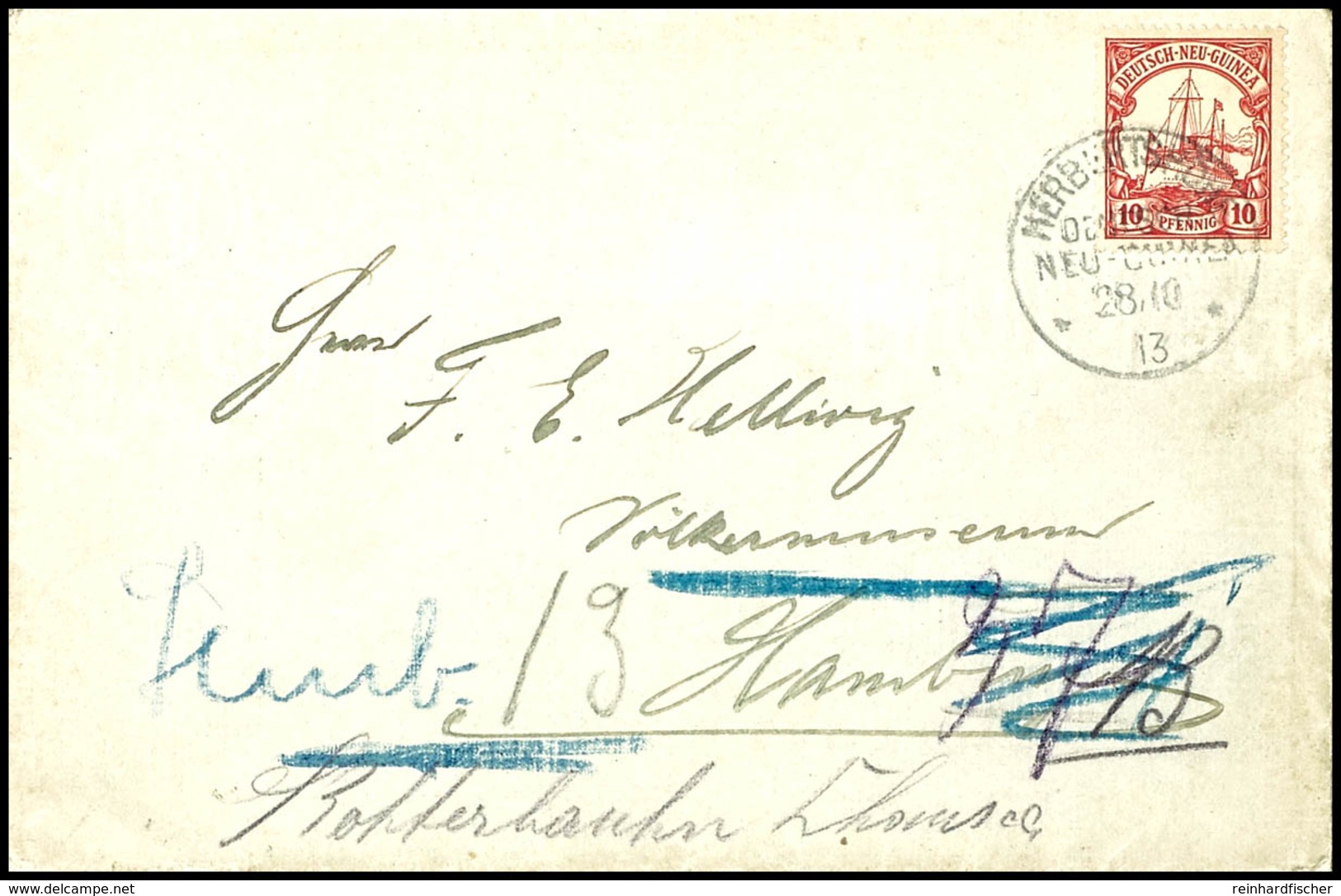 6693 1913, Brief Mit 10 Pfg Kaiseryacht, Stempel HERBERTSHÖHE 28/10 13, Nach Hamburg An Den Völkerkundler F. E. Hellwig  - Sonstige & Ohne Zuordnung