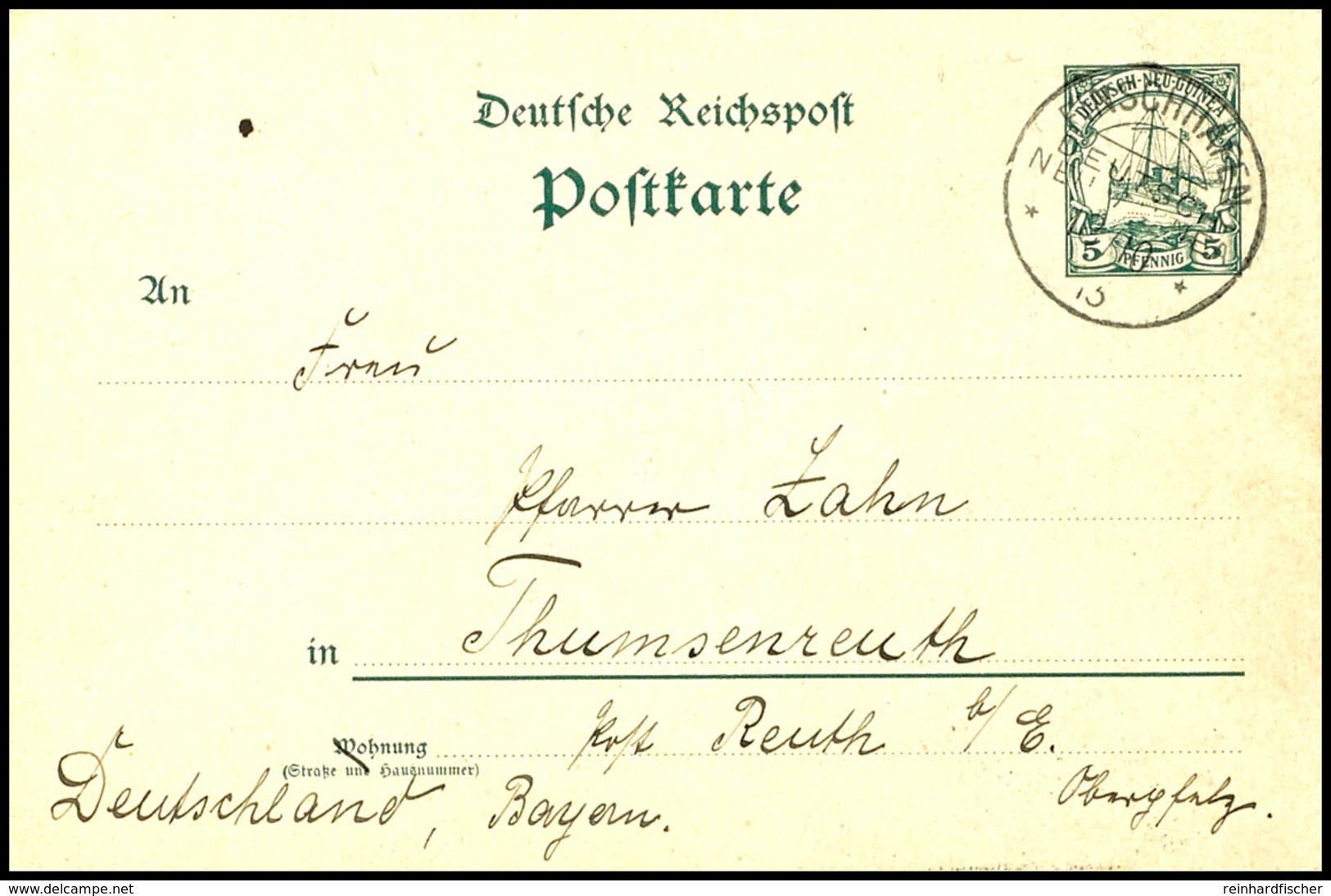 6694 1913, Ganzsachenkarte 5 Pfg, Stempel FINSCHHAFEN DNG 18/10/13, Adressiert Nach Thumsenreuth/Oberpfalz Mit Interessa - Sonstige & Ohne Zuordnung