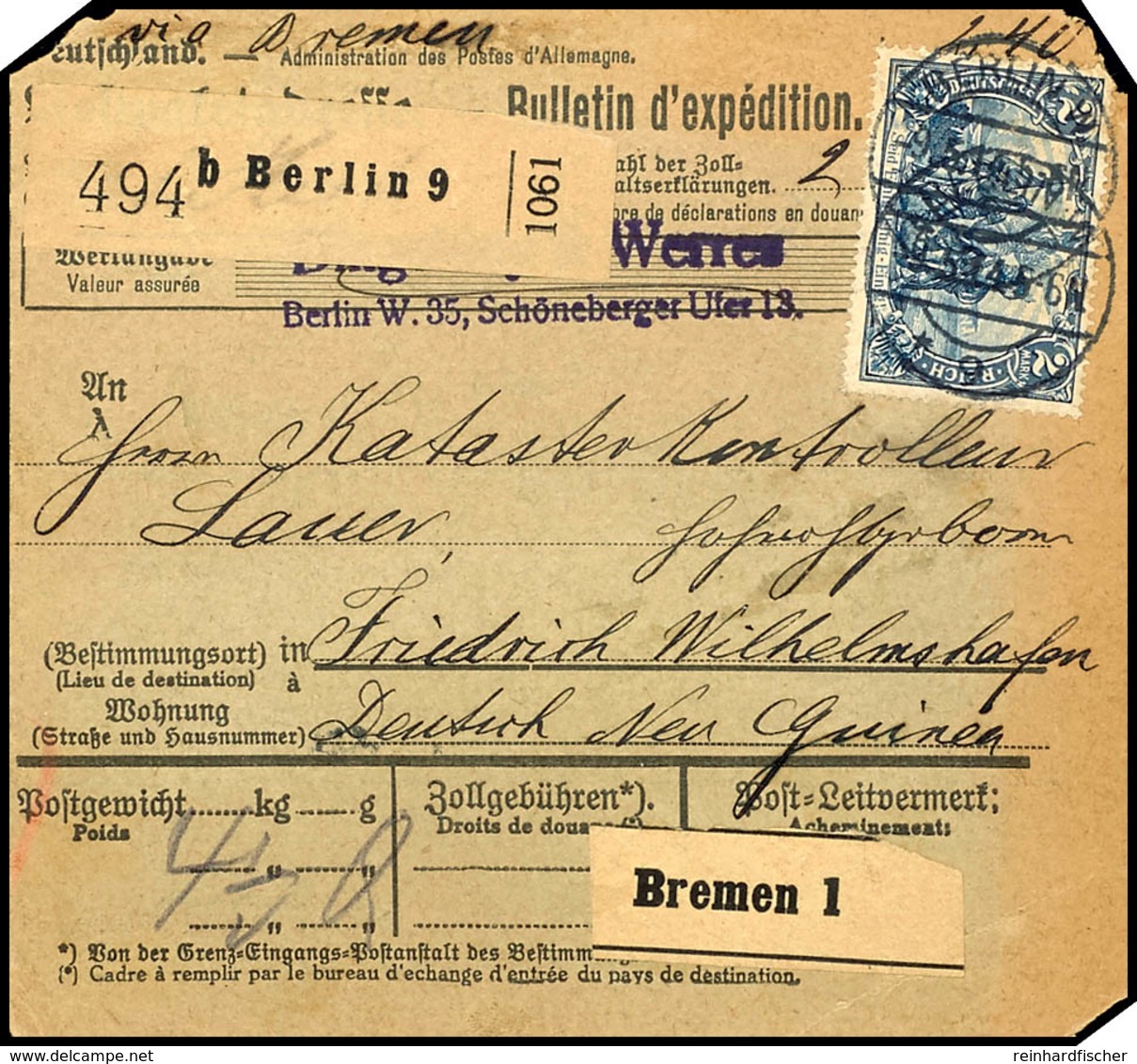 6699 EINGANGSPOST 1914: Paketkarte Aus Berlin, Portogerecht Mit 2,40 M Für Ein Paket Mit 4 Kg Frankiert (DR MiNrn. 86 I  - Sonstige & Ohne Zuordnung