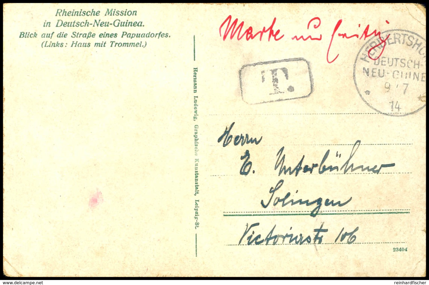 6702 1914, (9.7), KRIEGSPOST: Farbige Ansichtskarte "Papuadorf", Mit 5 Pfg Kaiseryacht, Stempel HERBERTSHÖHE DNG 9/7 14. - Andere & Zonder Classificatie