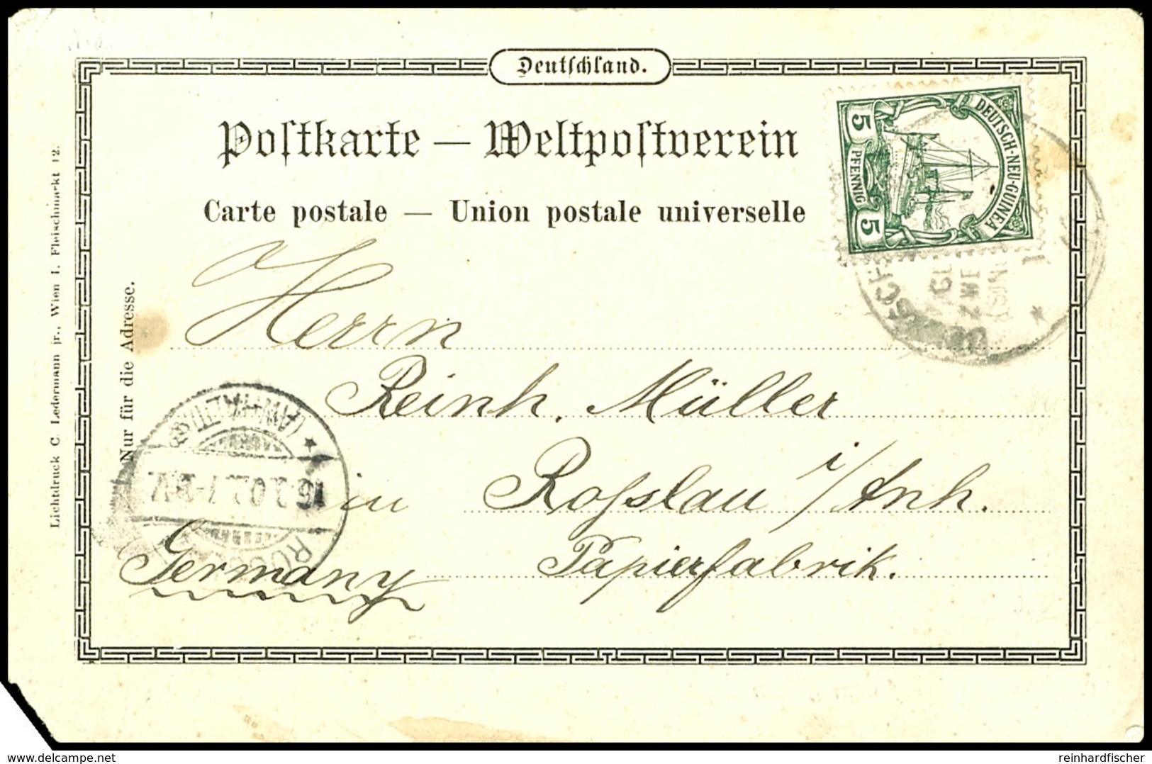 6734 1902, DEUTSCHE SEEPOST NEU-GUINEA ZWEIGLINIE (SINGAPORE) A 1/2 02, Etwas Undeutlich, Auf AK Von DNG Mit 5 Pfg Kaise - Sonstige & Ohne Zuordnung