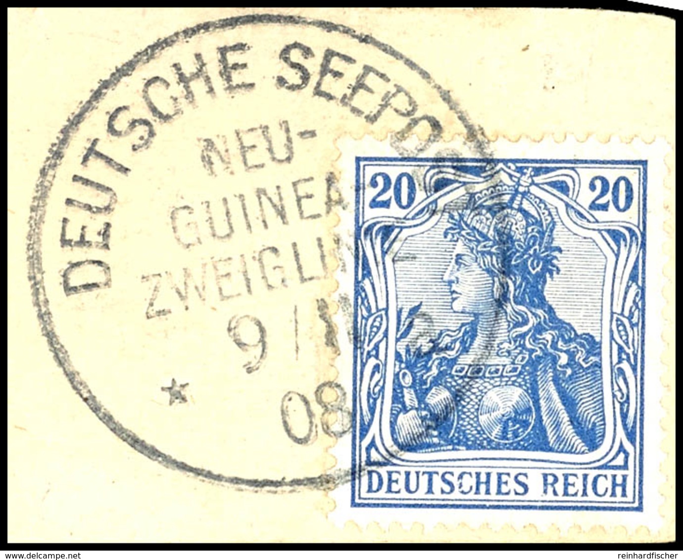 6740 1908, DEUTSCHE SEEPOST NEU-GUINEA-ZWEIGLINIE 9.1. 08 A (Dampfer Coblenz), Klar Auf Briefstück Mit DR Germania 20 Pf - Other & Unclassified