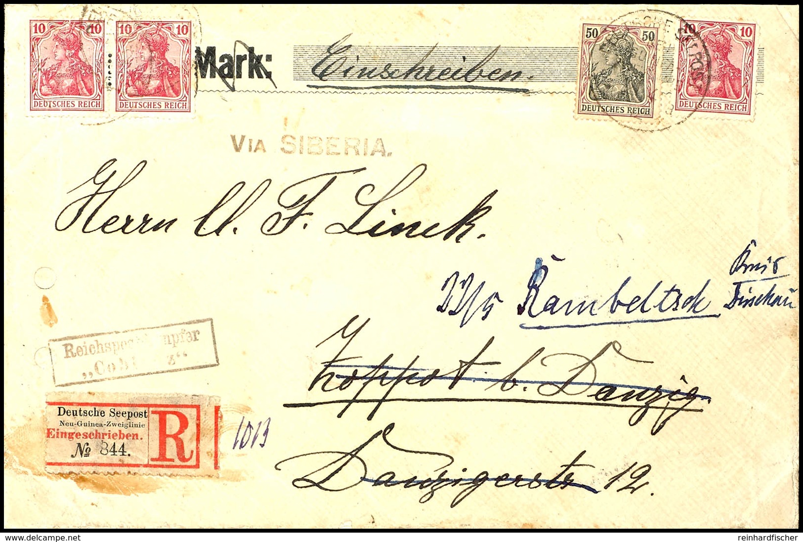 6746 1912, DEUTSCHE SEEPOST NEU-GUINEA-ZWEIGLINIE 21.4 12 A (Dampfer "Coblenz") Auf Einschreibebrief Mit DR Germania 10  - Sonstige & Ohne Zuordnung