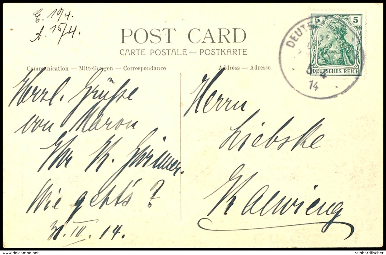 6754 1914, 1902, DEUTSCHE SEEPOST NEU-GUINEA ZWEIGLINIE C 5/4 14 (Stempel Nicht Ganz Vollständig) Auf AK "Casino Der N.G - Other & Unclassified