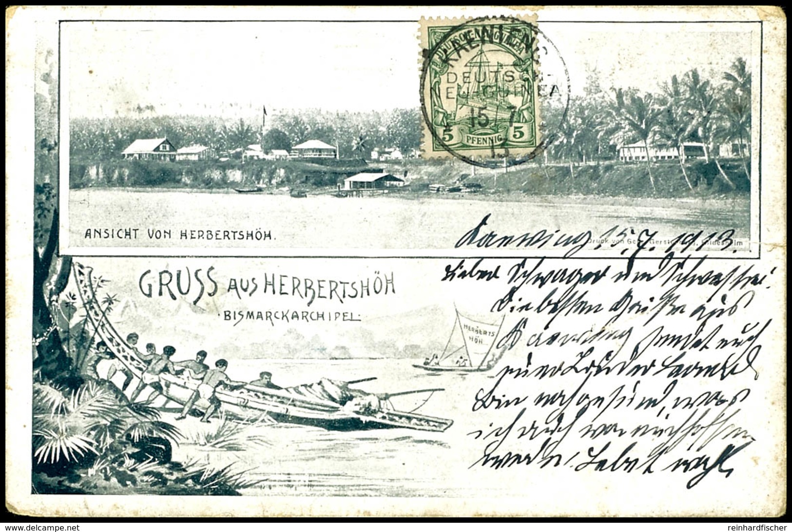 6764 HERBERTSHÖH, Litho-AK Mit 5 Pfg Kaiseryacht (bildseitig Verklebt), Stempel KAEWIENG DNG 15/7 13. Von Kaewieng Abges - Sonstige & Ohne Zuordnung