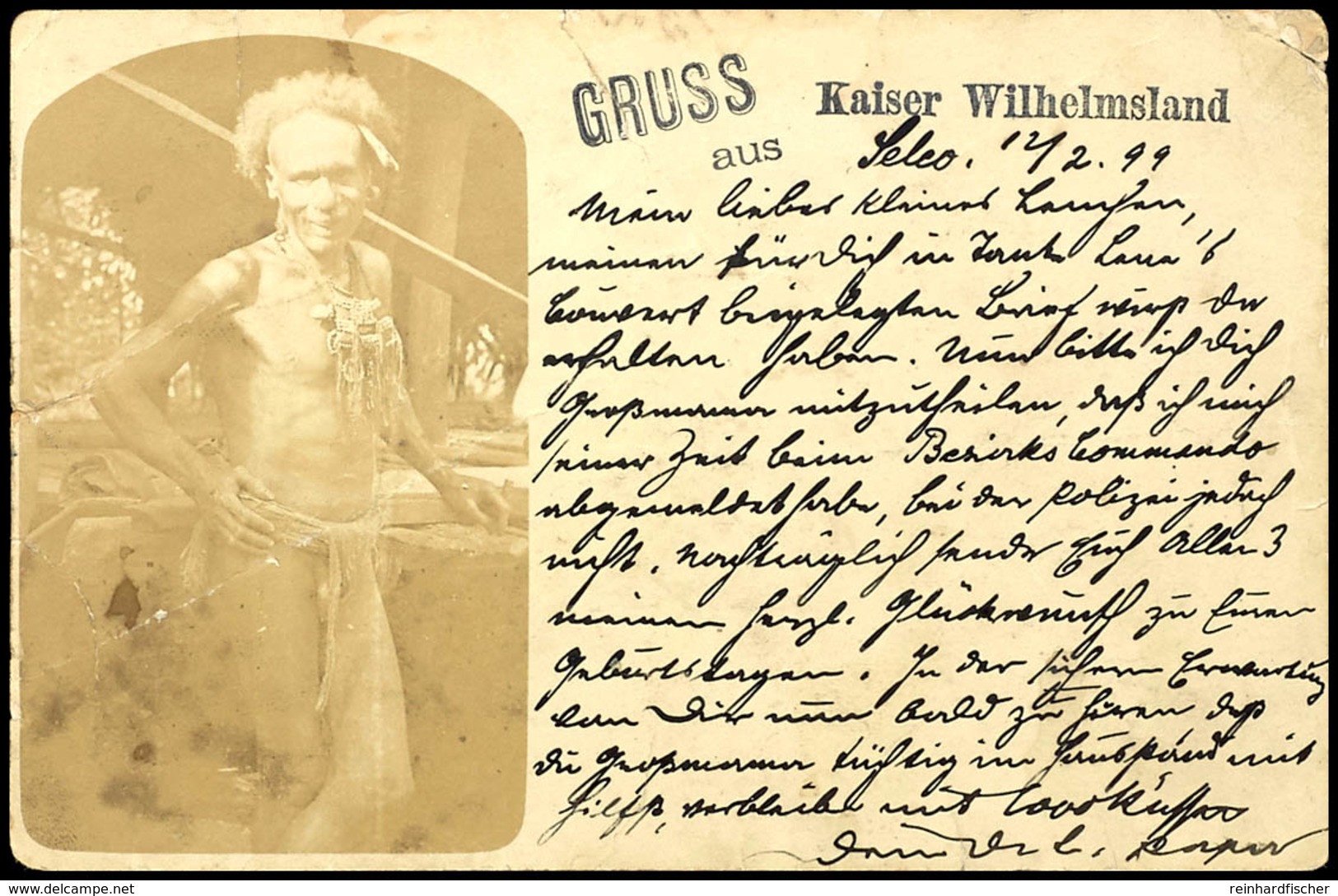 6776 KAISER WILHELMSLAND, "GRUSS Aus", Seltene Foto-Ansichtskarte Mit Einem Einheimischen, Stempel BERLINHAFEN DNG 15/2/ - Andere & Zonder Classificatie