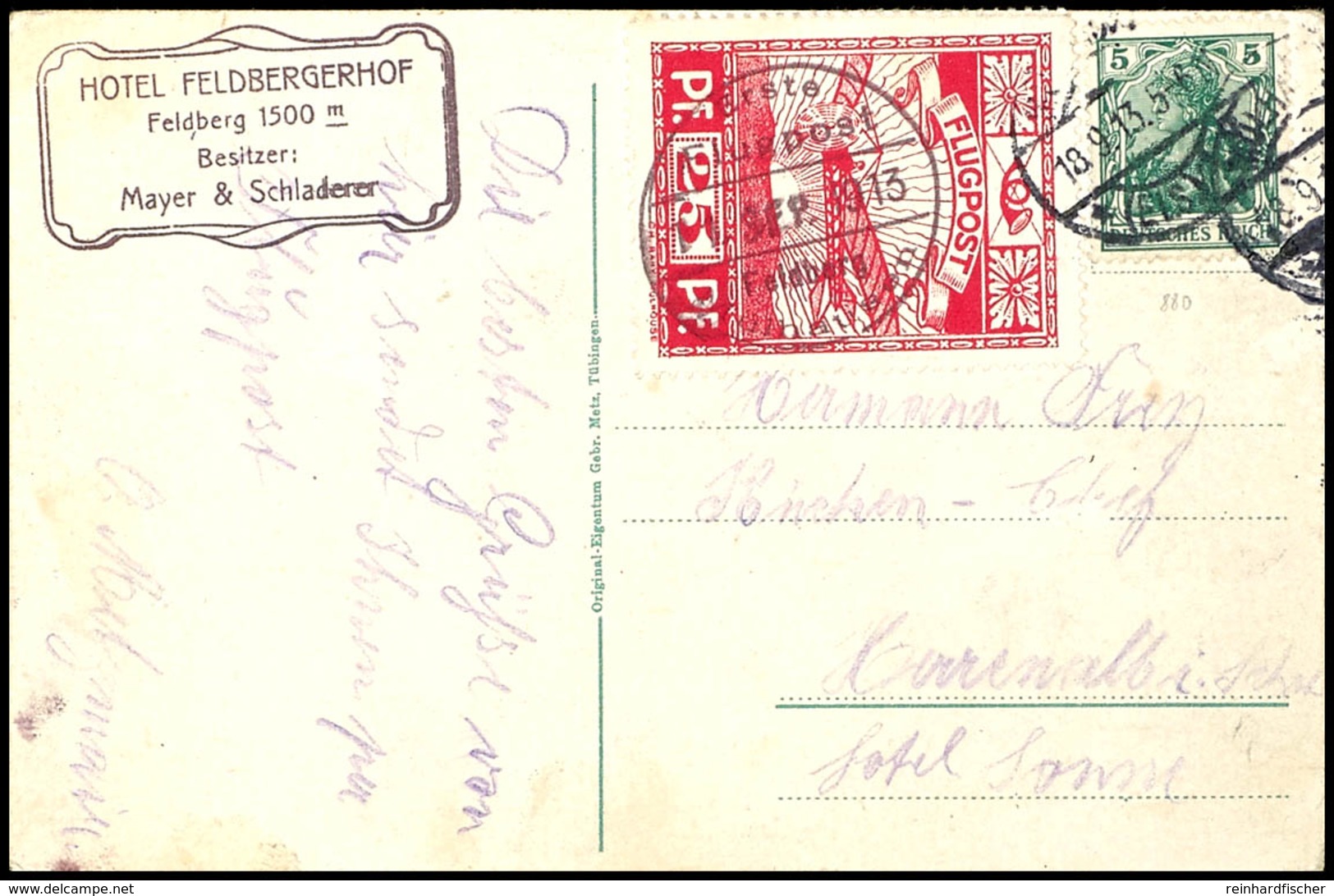 6848 1913, 25 Pfg Flugmarke "Sonderflug Mühlhausen-Feldberg Und Zurück" In Rot, Mischfrankatur Mit 5 Pfg Germania Auf Ka - Airmail & Zeppelin