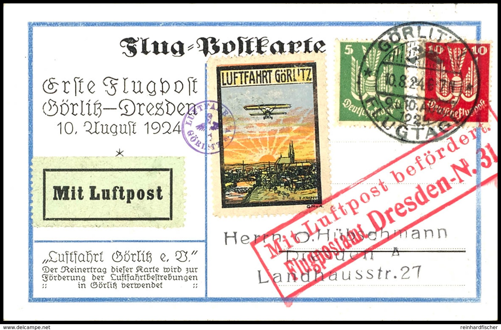 6850 1924, Flugtage Görlitz, Dekorative Karte Mit Frankatur 5+10 Pfg Holztaube Sowie Mehrfarbige Flugvignette über Dresd - Luft- Und Zeppelinpost