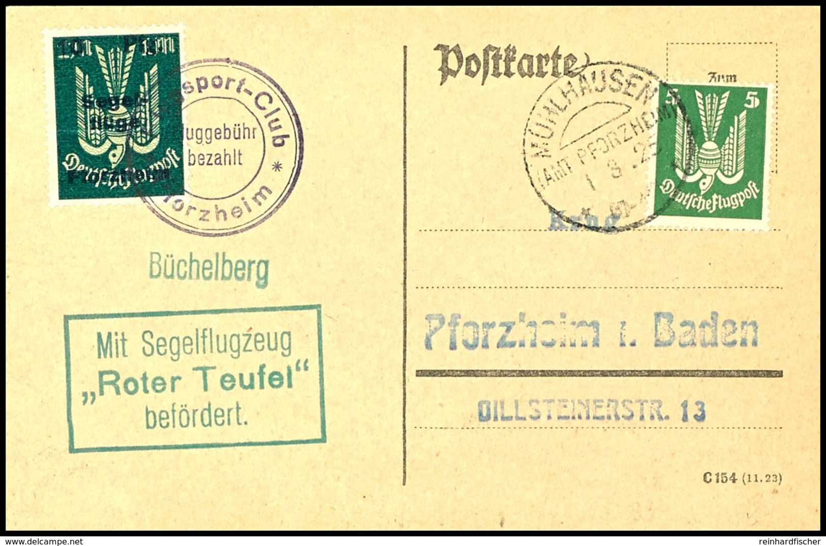 6851 10 Pfg. Auf 1 M. Segelflüge Pforzheim Mit Flugpoststempel Auf Karte Aus MÜHLHAUSEN 1.3.25 Mit 5 Pfg. Flugmarke Und  - Luft- Und Zeppelinpost