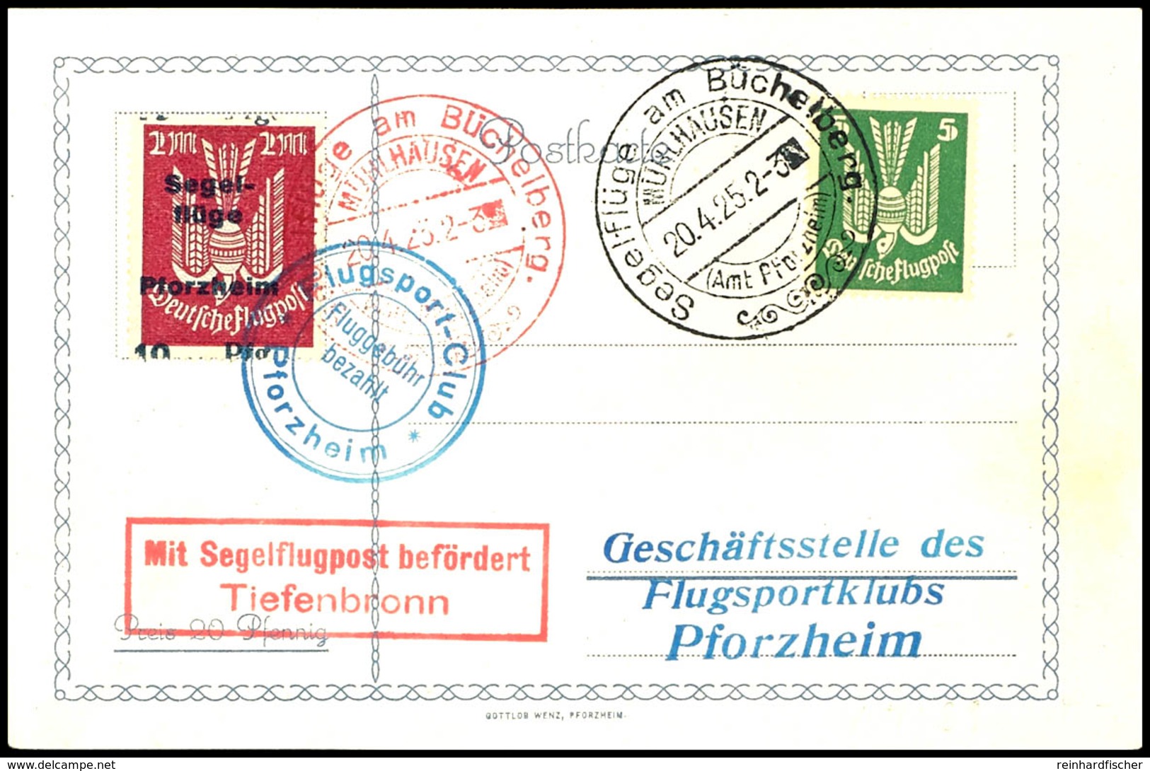 6852 10 Pfg. Auf 2 M. Segelflüge Pforzheim Mit Flugpoststempel Auf Sonderkarte Aus MÜHLHAUSEN Seeflüge Am Büchelberg 20. - Luft- Und Zeppelinpost