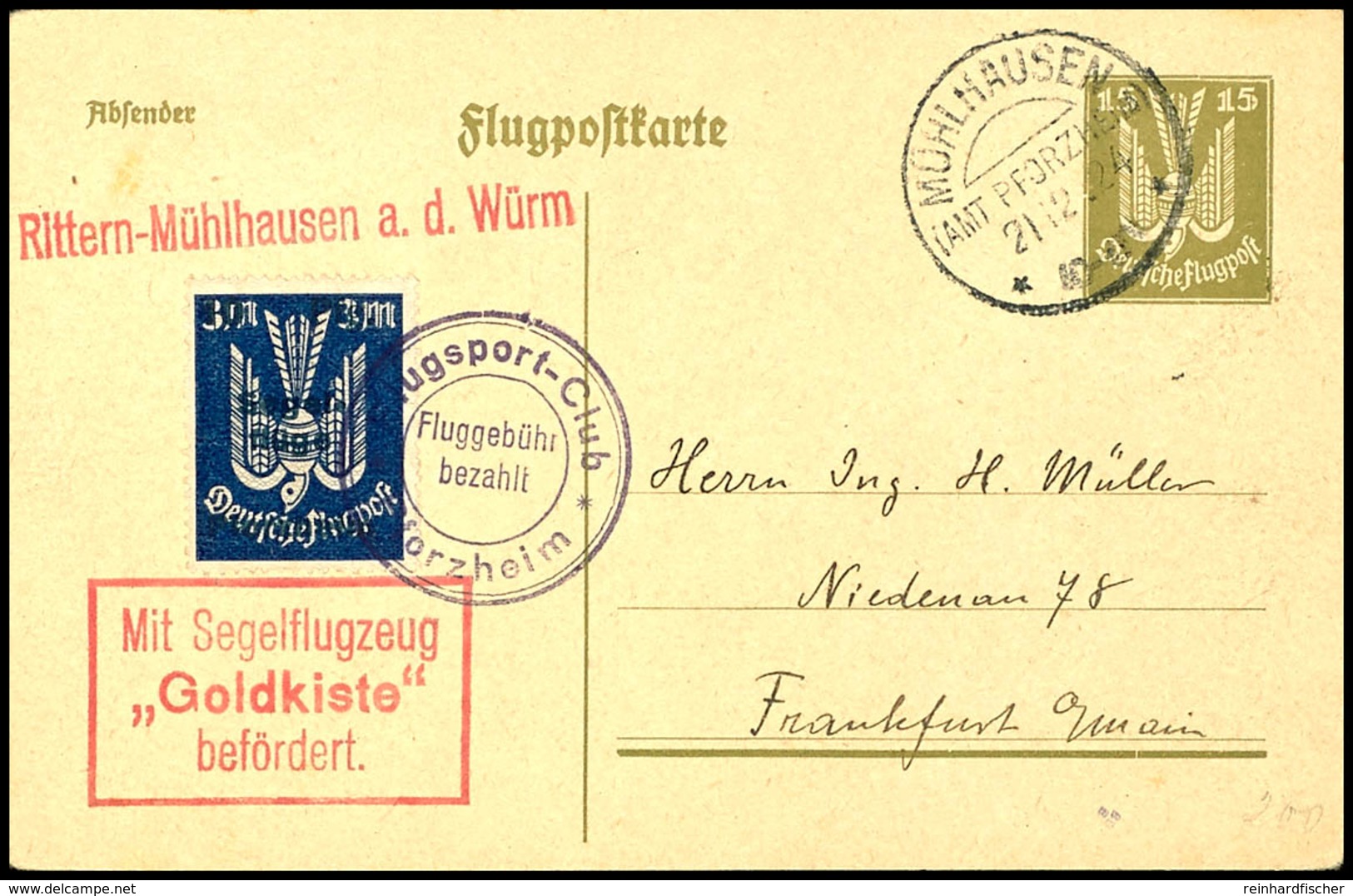 6853 10 Pfg. Auf 3 M. Segelflüge Pforzheim Mit Flugpoststempel Auf 15 Pfg. Flugpostganzsachenkarte Aus MÜHLHAUSEN 121.12 - Airmail & Zeppelin