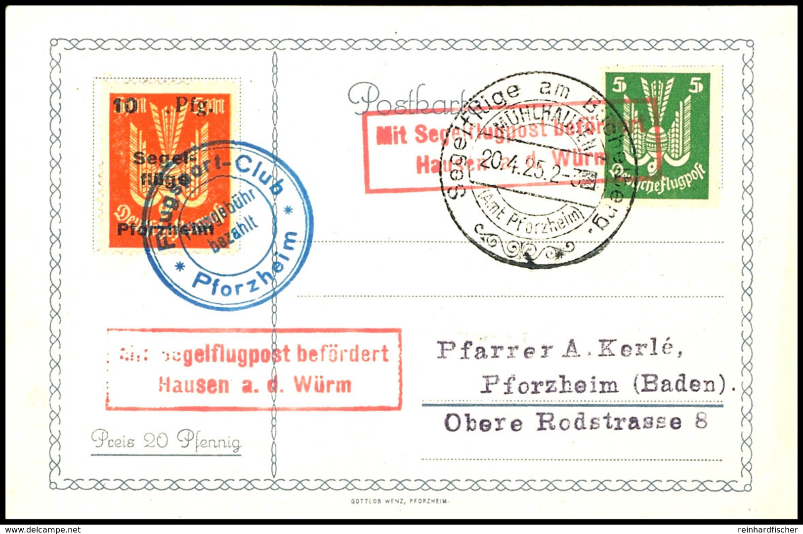 6854 10 Pfg. Auf 5 M. Segelflüge Pforzheim Mit Flugpoststempel Auf Sonderkarte Aus MÜHLHAUSEN Seeflüge Am Büchelberg 20. - Airmail & Zeppelin