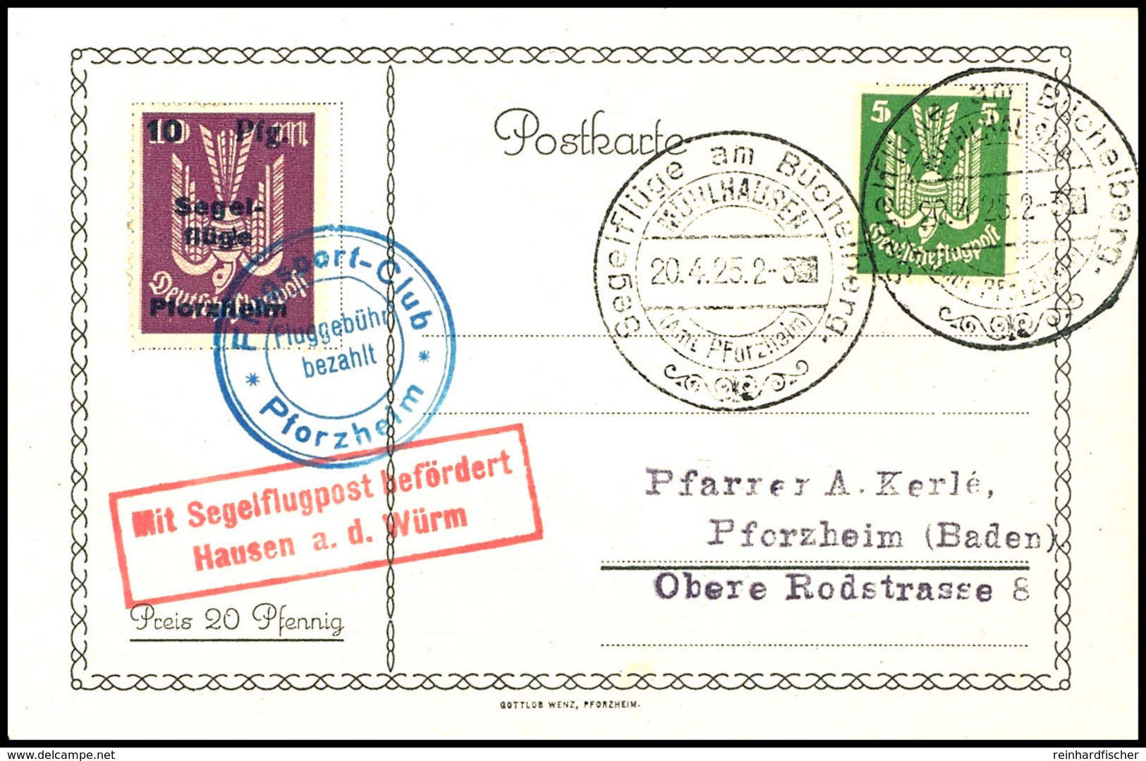 6855 10 Pfg. Auf 10 M. Segelflüge Pforzheim Mit Flugpoststempel Auf Sonderkarte Aus MÜHLHAUSEN Seeflüge Am Büchelberg 20 - Airmail & Zeppelin