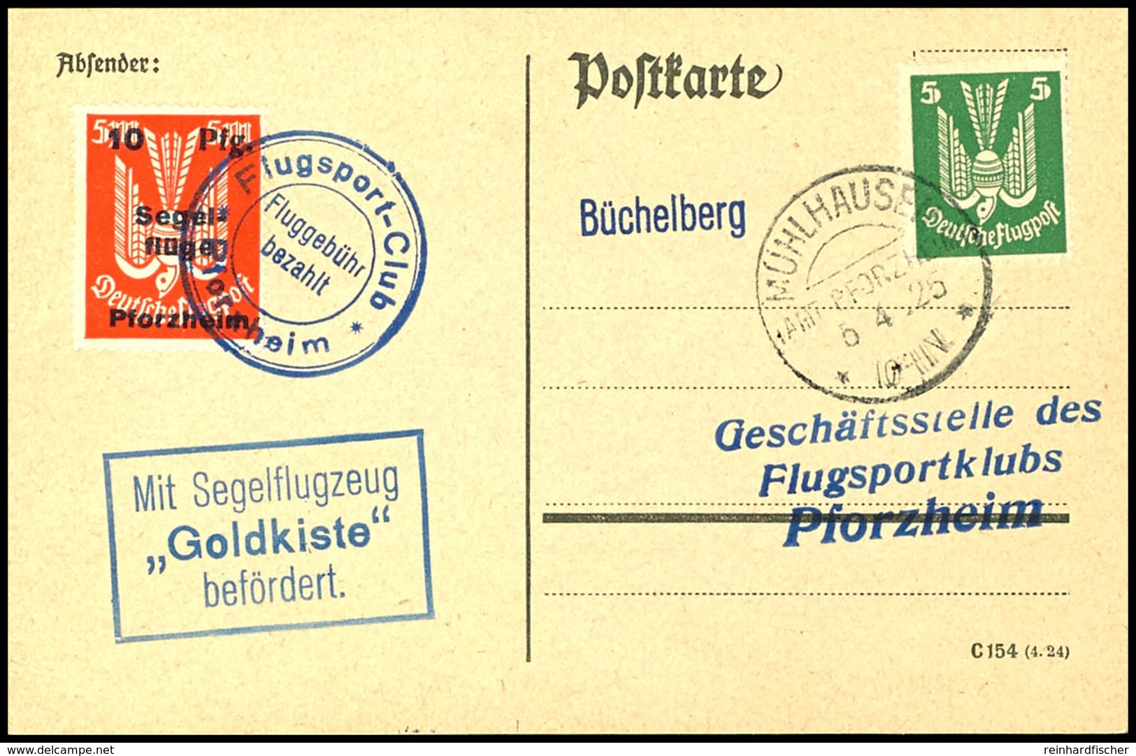 6858 10 Pfg. Auf 5 M. Segelflüge Pforzheim Mit Flugpoststempel Auf Karte Aus MÜHLHAUSEN 5.3.25 Mit 5 Pfg. Flugpostmarke  - Airmail & Zeppelin