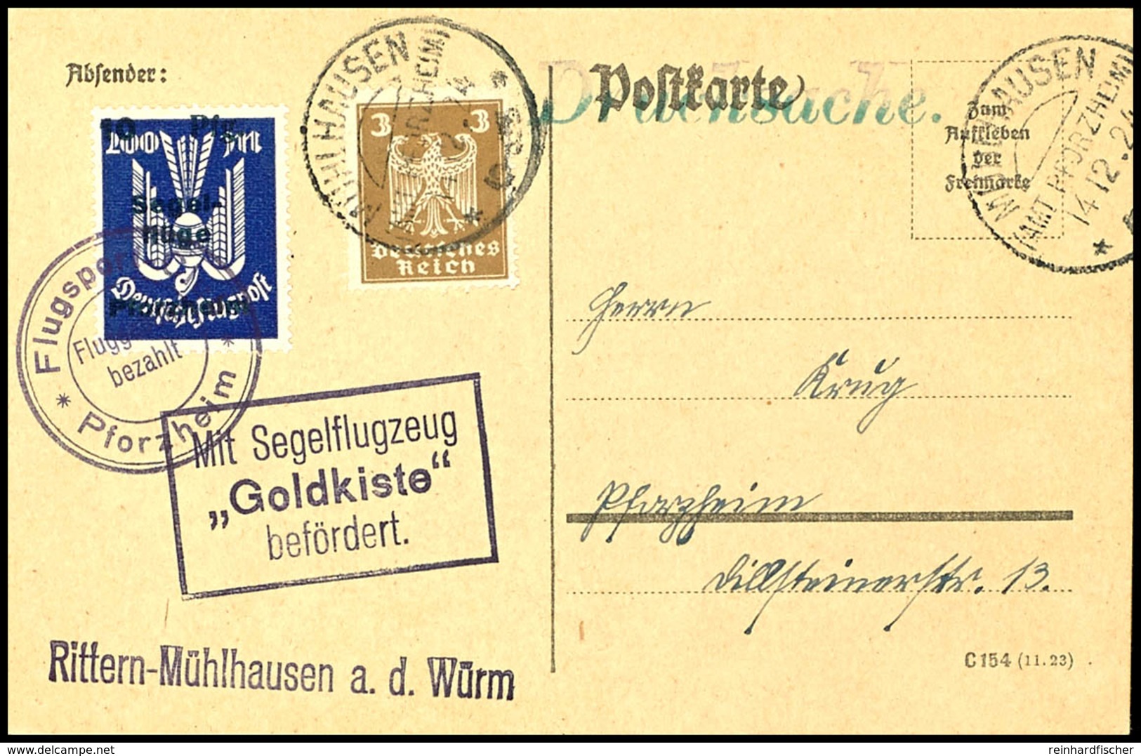 6859 10 Pfg. Auf 200 M. Segelflüge Pforzheim Mit Flugpoststempel Auf Karte Aus MÜHLHAUSEN 14.12.24 Mit 3 Pfg. Freimarke  - Luft- Und Zeppelinpost