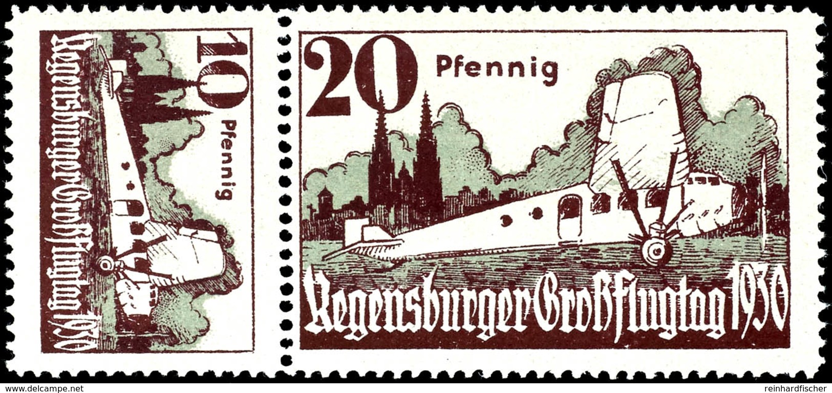 6864 10 Pfg. Und 20 Pfg. Regensburger Flugtag Karminbraun/grünlichgrau Im Waagerechten Zusammendruck, Postfrisch, Pracht - Airmail & Zeppelin