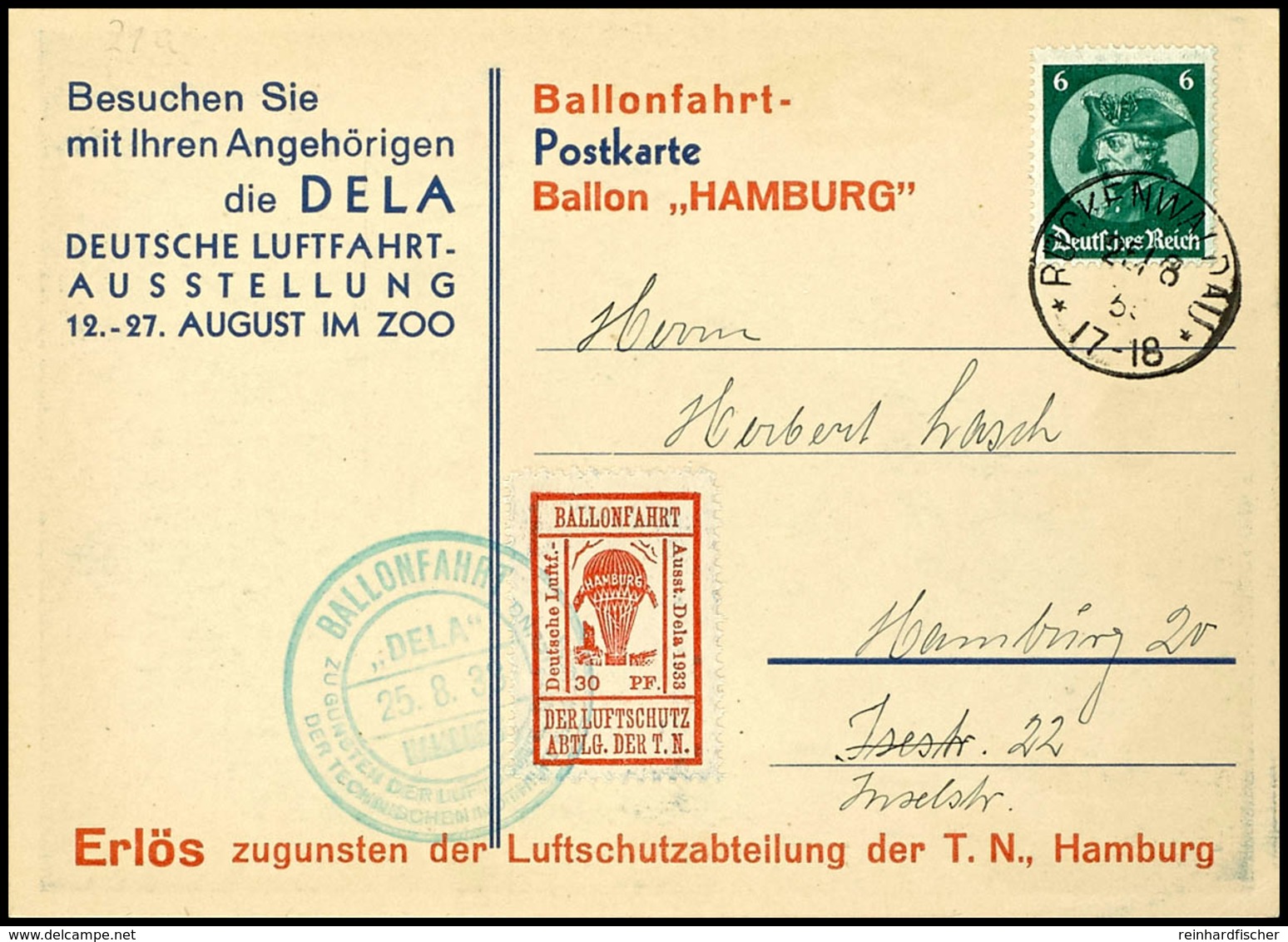 6865 30 Pfg. DELA-Ballonmarke Lebhaftrosarot, Rot Auf Mattkobalt Und Schwarz Auf Hellultramarin Je Mit Grünem Sonderstem - Airmail & Zeppelin