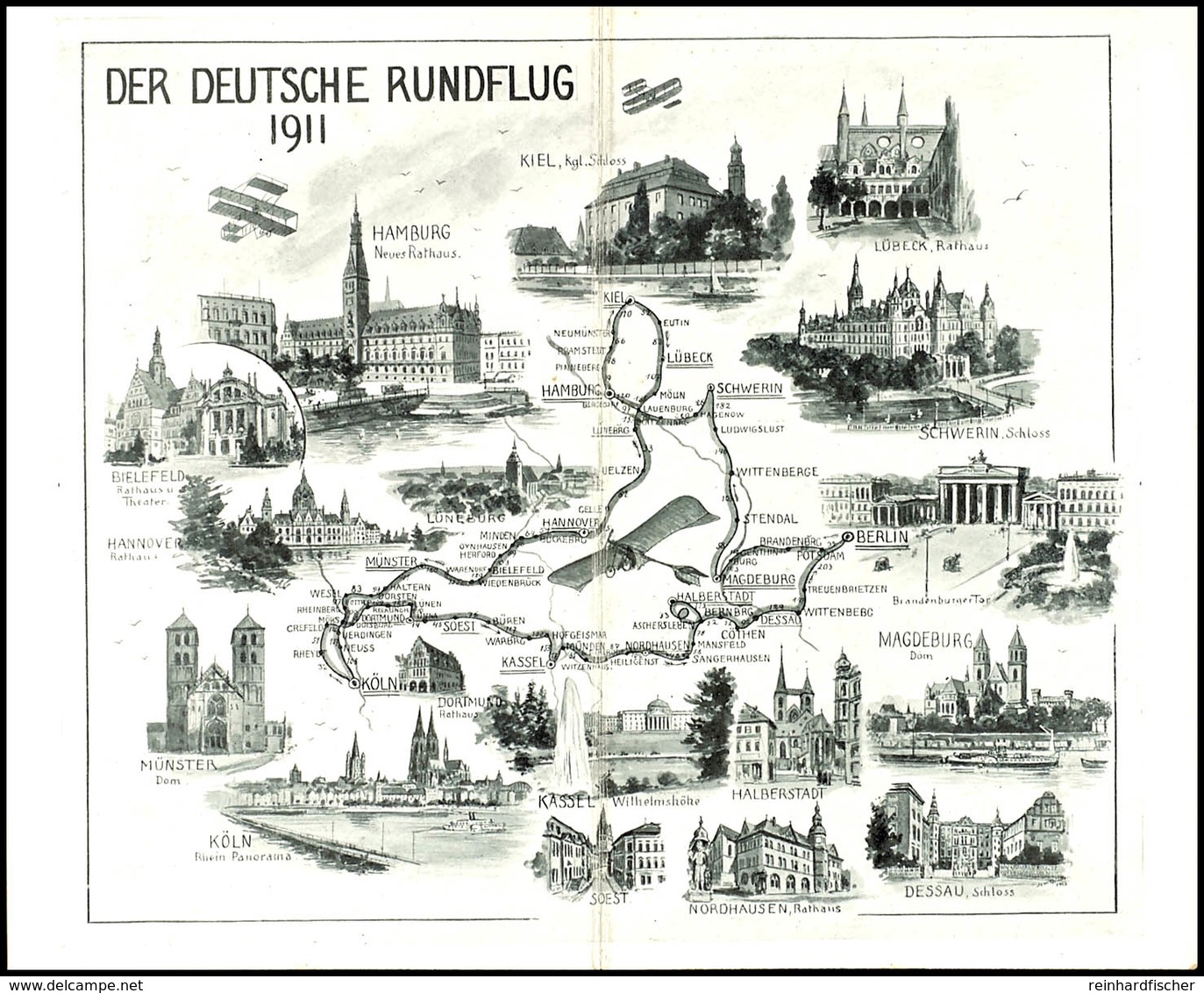 6870 1911, Seltene Klappkarte "Der Deutsche Rundflug 1911" Mit Streckenführung Und Den Ansichten Bekannter Gebäude Der A - Sonstige & Ohne Zuordnung