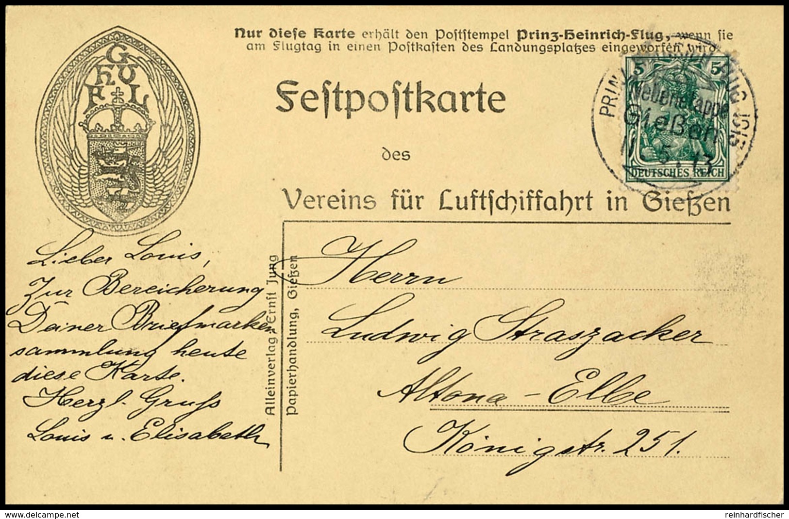 6875 1913, "PRINZ-HEINRICH-FLUG 1913 Nebenetappe Gießen 11.5.13", Sonderstempel Recht Klar Auf Entsprechender Sonderkart - Sonstige & Ohne Zuordnung