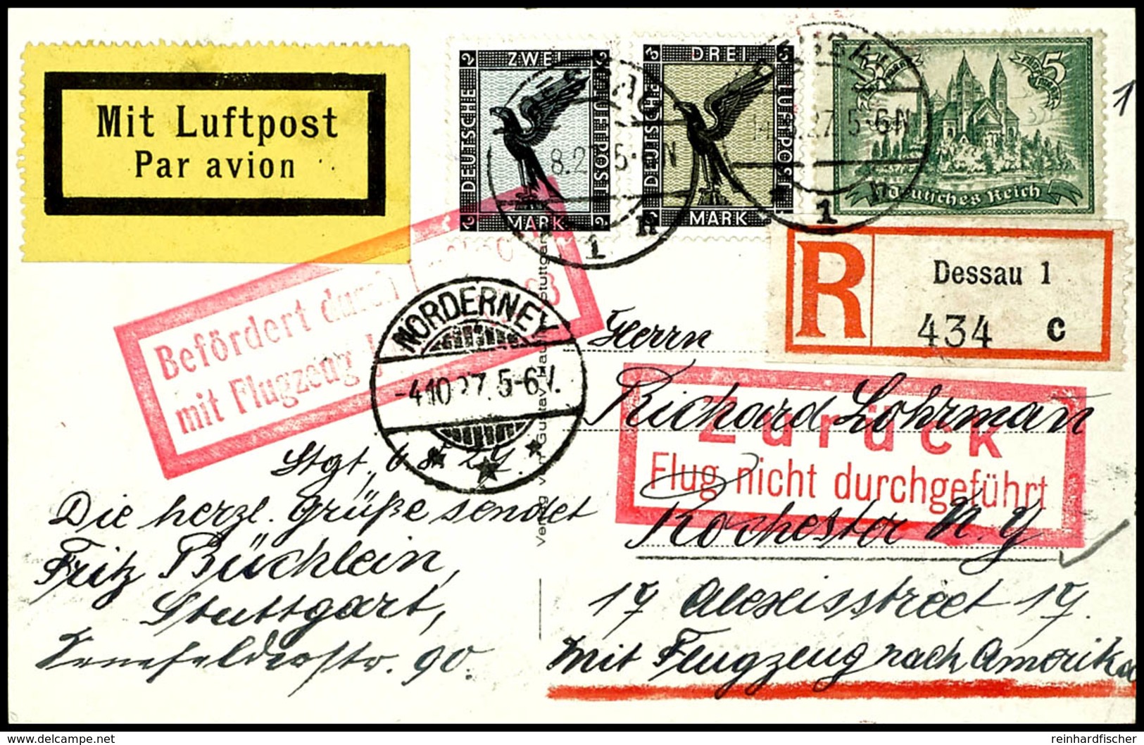 6878 1927, Köhl Atlantikflug Mit Junkers W33, R-Karte Aus DESSAU 14.8.27 Mit Beidseitiger Frankatur Und Flugpost-Best.-S - Sonstige & Ohne Zuordnung