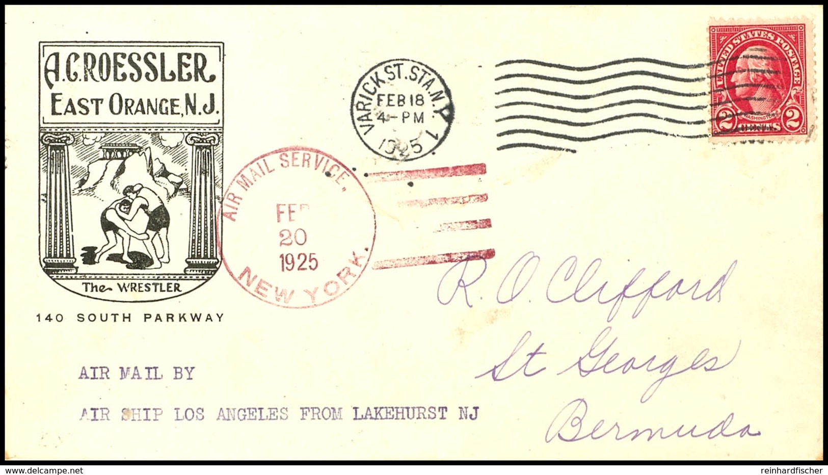 6886 1925, Los Angeles, Fahrt Lakehurst - Hamilton - Lakehurst, Vordruckbrief Aus VARICK ST. FEB.18 Mit Rotem Flugpostst - Other & Unclassified