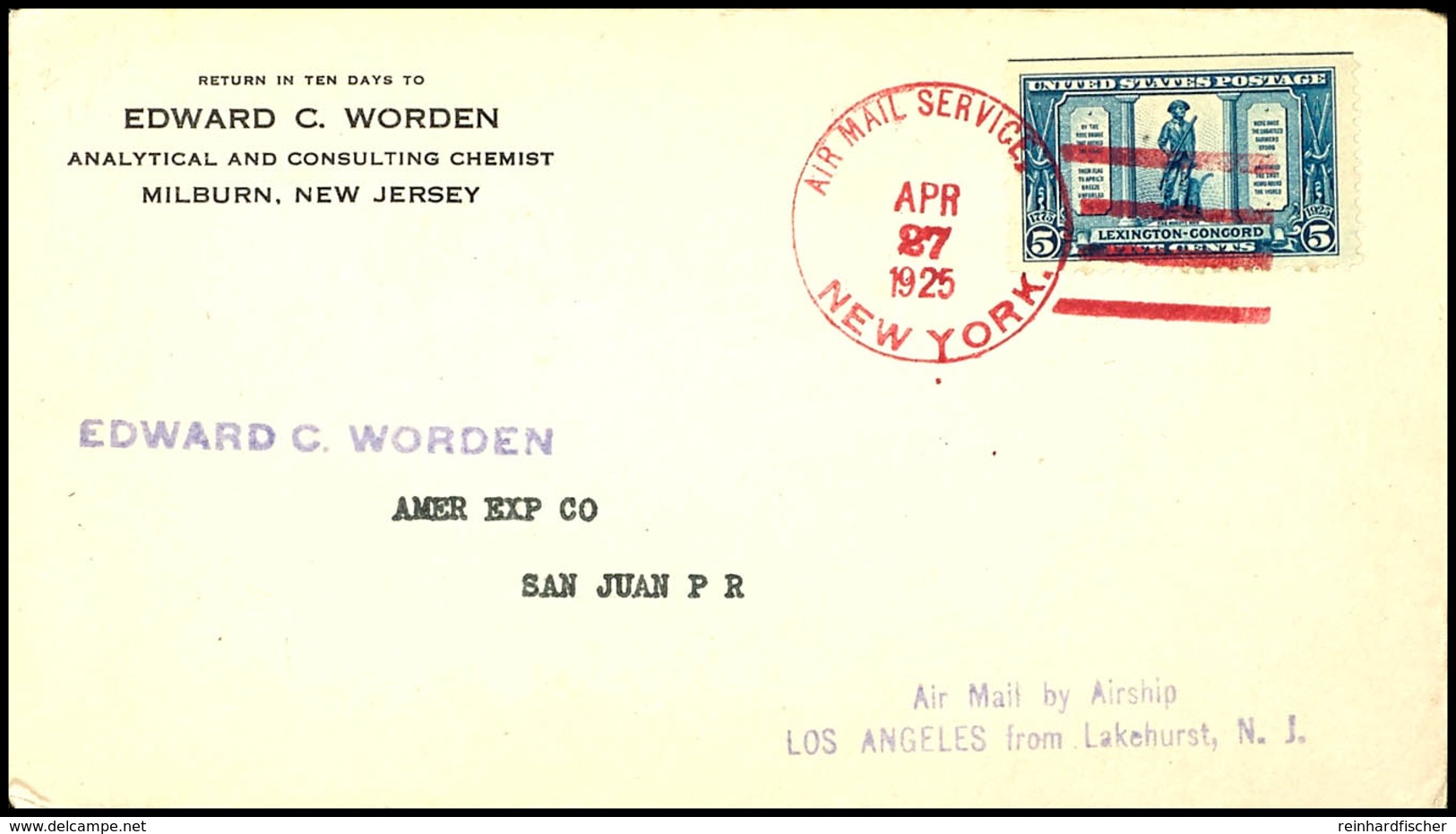 6888 1925, LZ 126 Los Angeles, Fahrt Lakehurst-Puerto Rico, Brief Mit Rotem Poststempel AIR MAIL SERVICE NEW YORK APR.27 - Other & Unclassified