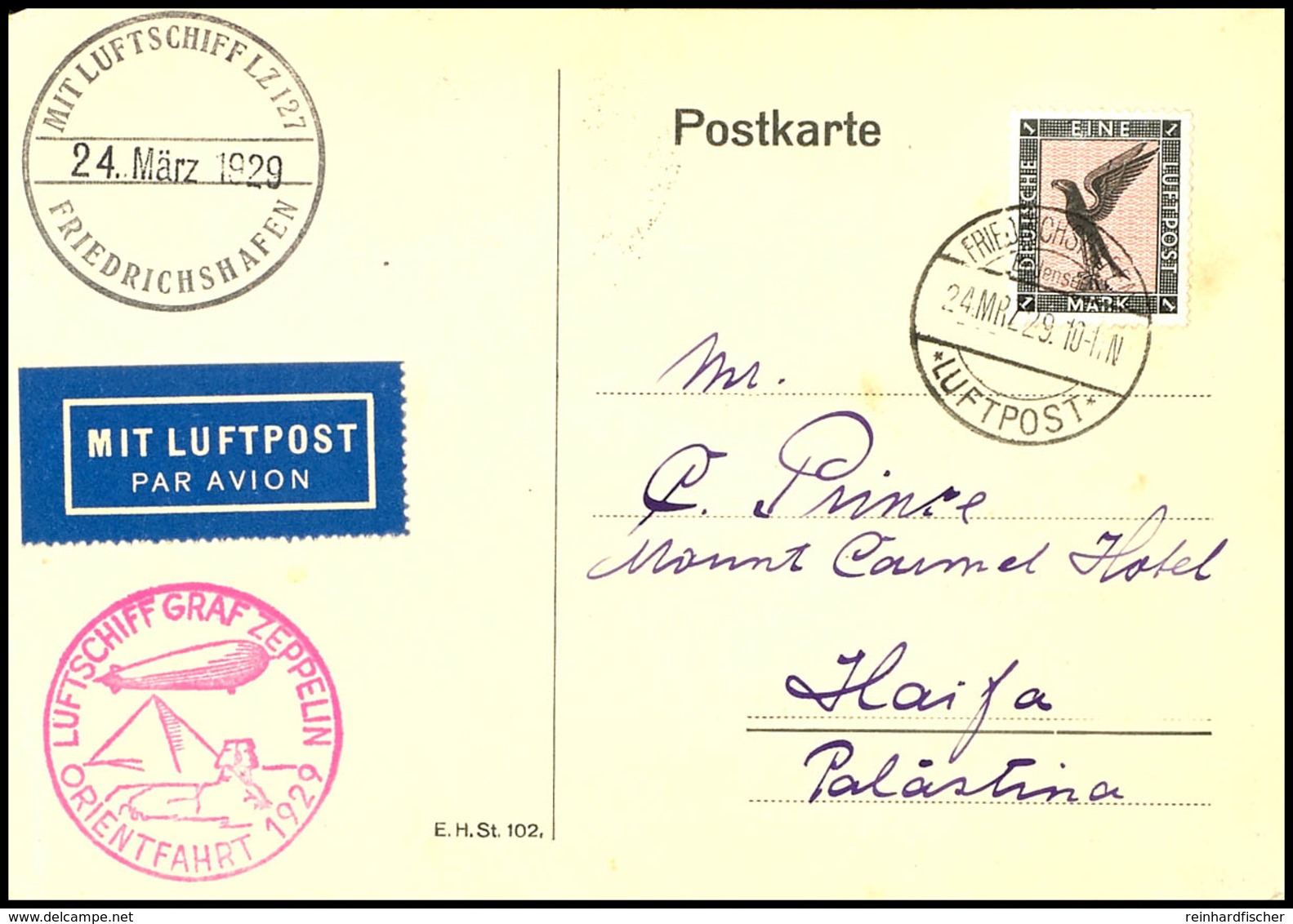 6891 1929, Orientfahrt Mit Sonderbest.-Stempel Type I, Auflieferung Friedrichshafen Mit Ankunftsstempel El Ramle, Karte  - Andere & Zonder Classificatie