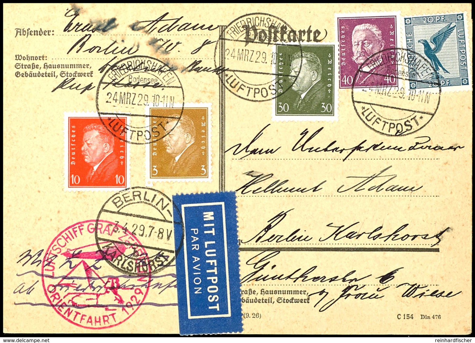 6892 1929, Orientfahrt, Auflieferung Friedrichshafen Mit Best.-Stempel Type II, Karte Mit Bunter Frankatur, Adressiert N - Andere & Zonder Classificatie