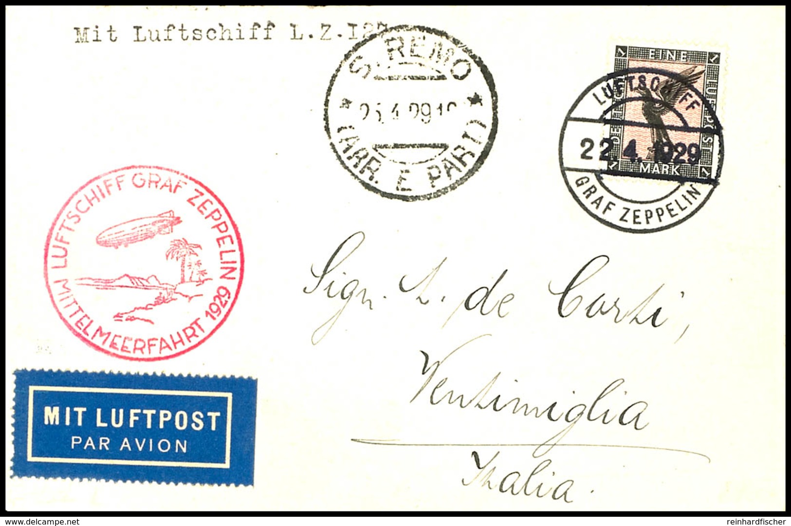 6896 1929, Mittelmeerfahrt, Bordpost Vom 22.4. Mit Abwurf San Remo, Karte Mit 1 M. Adler, Adressiert Nach Italien, Prach - Sonstige & Ohne Zuordnung