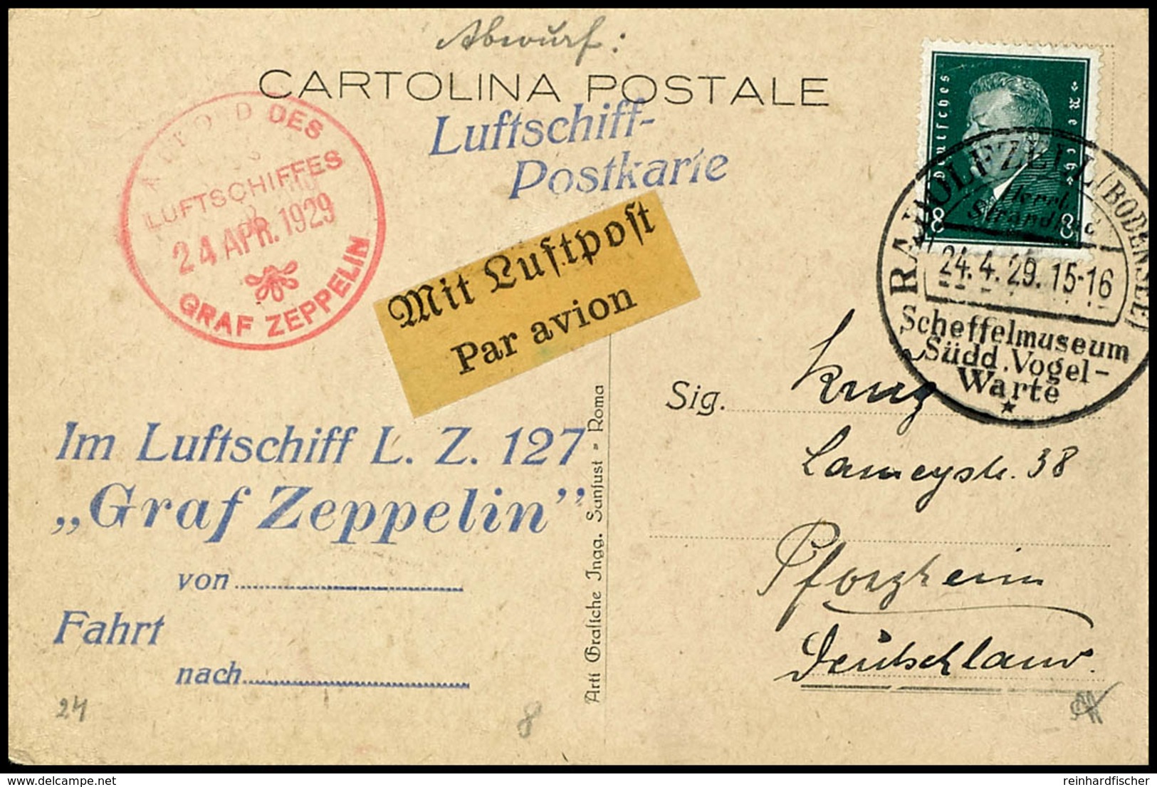 6897 1929, Mittelmeerfahrt, Abwurf Radolfzell, Karte Mit Bordstempel Vom 24.4. Und 8 Pfg. Reichspräsidenten Mit Stempel  - Andere & Zonder Classificatie