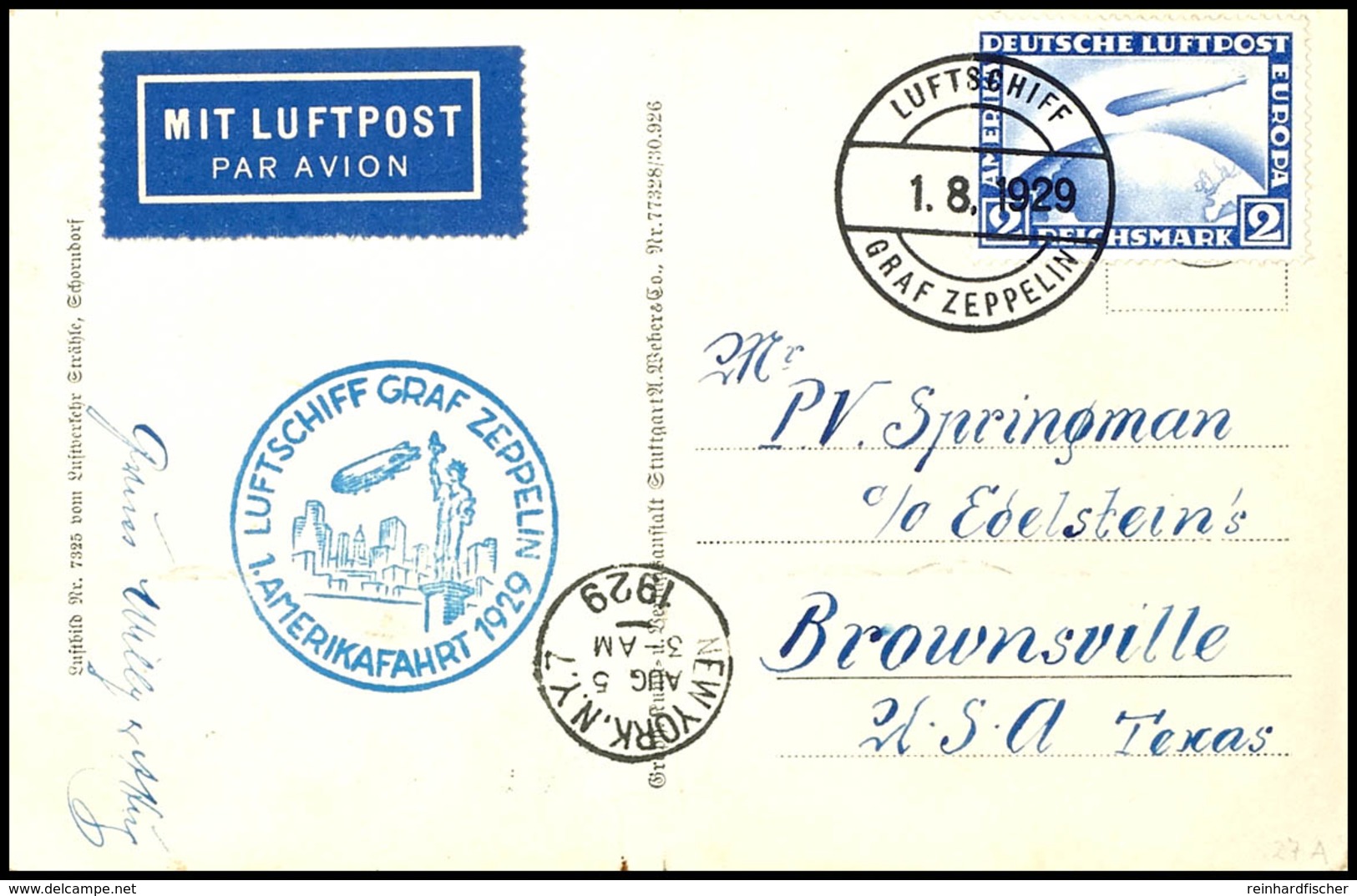 6900 1929, Durchgeführte Fahrt Nach Amerika Mit Bordpost Vom 1.8., Fotokarte Mit 2 RM Zeppelin Und Grußvermerk Vom Absen - Sonstige & Ohne Zuordnung