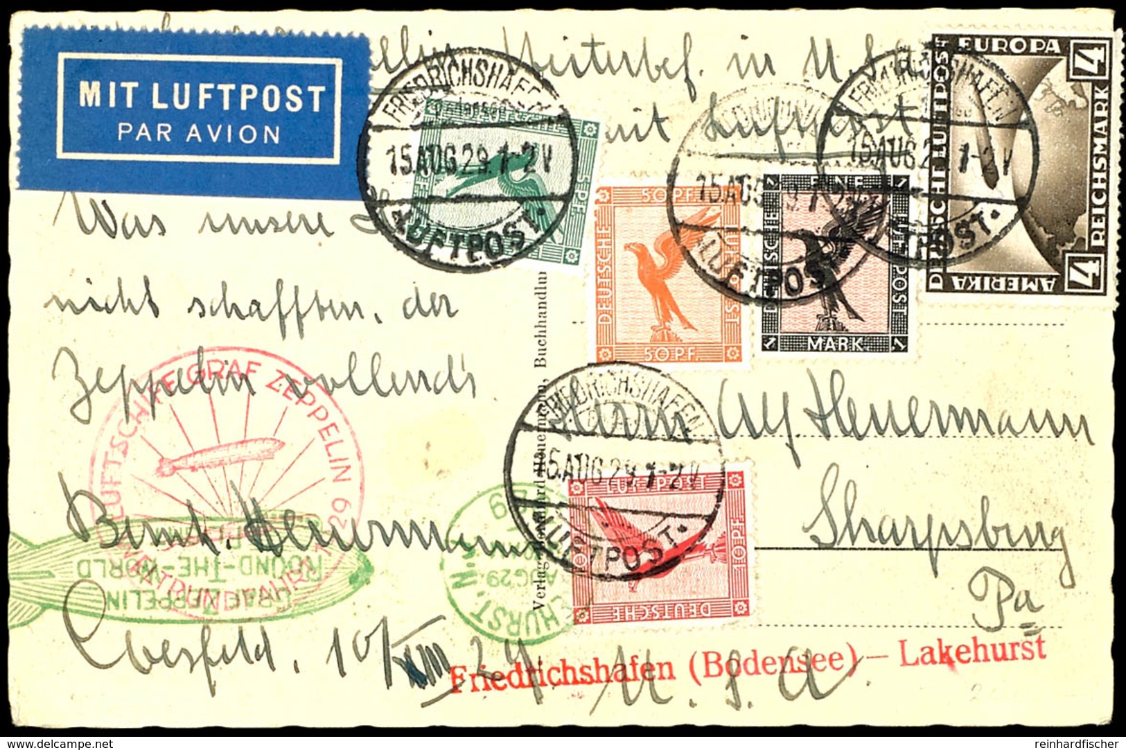 6904 1929, Weltrundfahrt, Auflieferung Friedrichshafen Bis Lakehurst, Karte Mit U.a. 4 RM Zeppelin, Alle Stempel Vorders - Andere & Zonder Classificatie