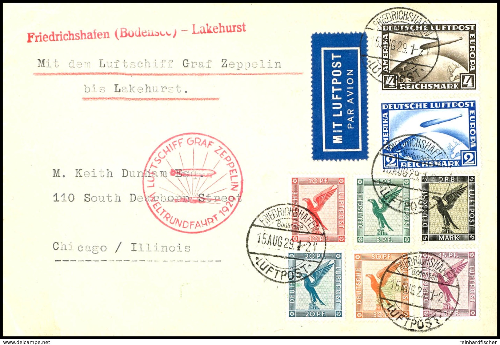 6905 1929, Weltrundfahrt, Auslieferung Friedrichshafen Bis Lakehurst, Brief Mit Bunter, Portogerechter Frankatur (u.a. 2 - Sonstige & Ohne Zuordnung