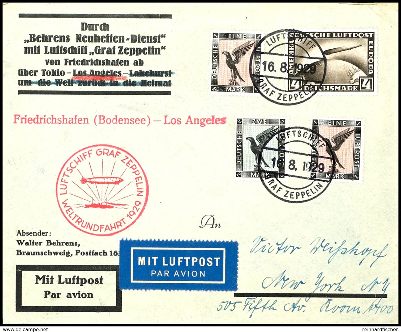 6907 1929, Weltrundfahrt Friedrichshafen - Los Angeles Mit Bordpost-Stempel Vom 16.8., Vordruckbrief Mit U.a. 4 RM Zeppe - Sonstige & Ohne Zuordnung