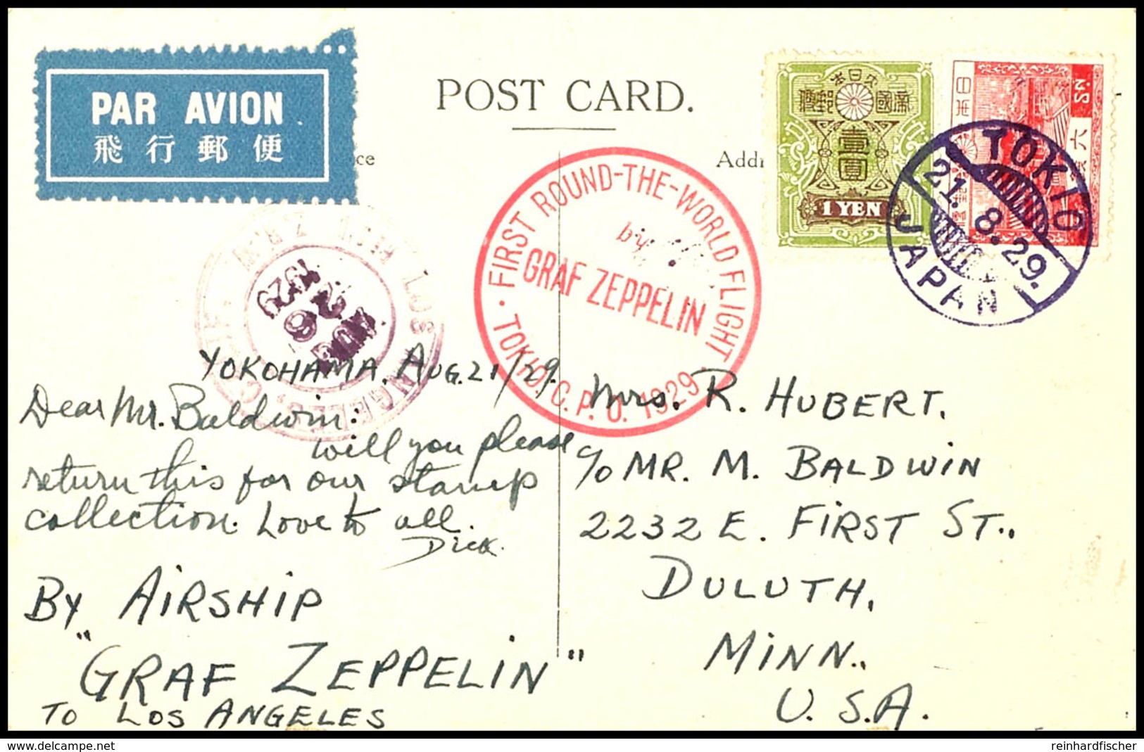 6909 1929, Weltrundfahrt, Japanische Post, Auflieferung Tokio Vom 21.8. Bis Los Angeles, Karte Mit U.a. 1 Y. Freimarke I - Andere & Zonder Classificatie