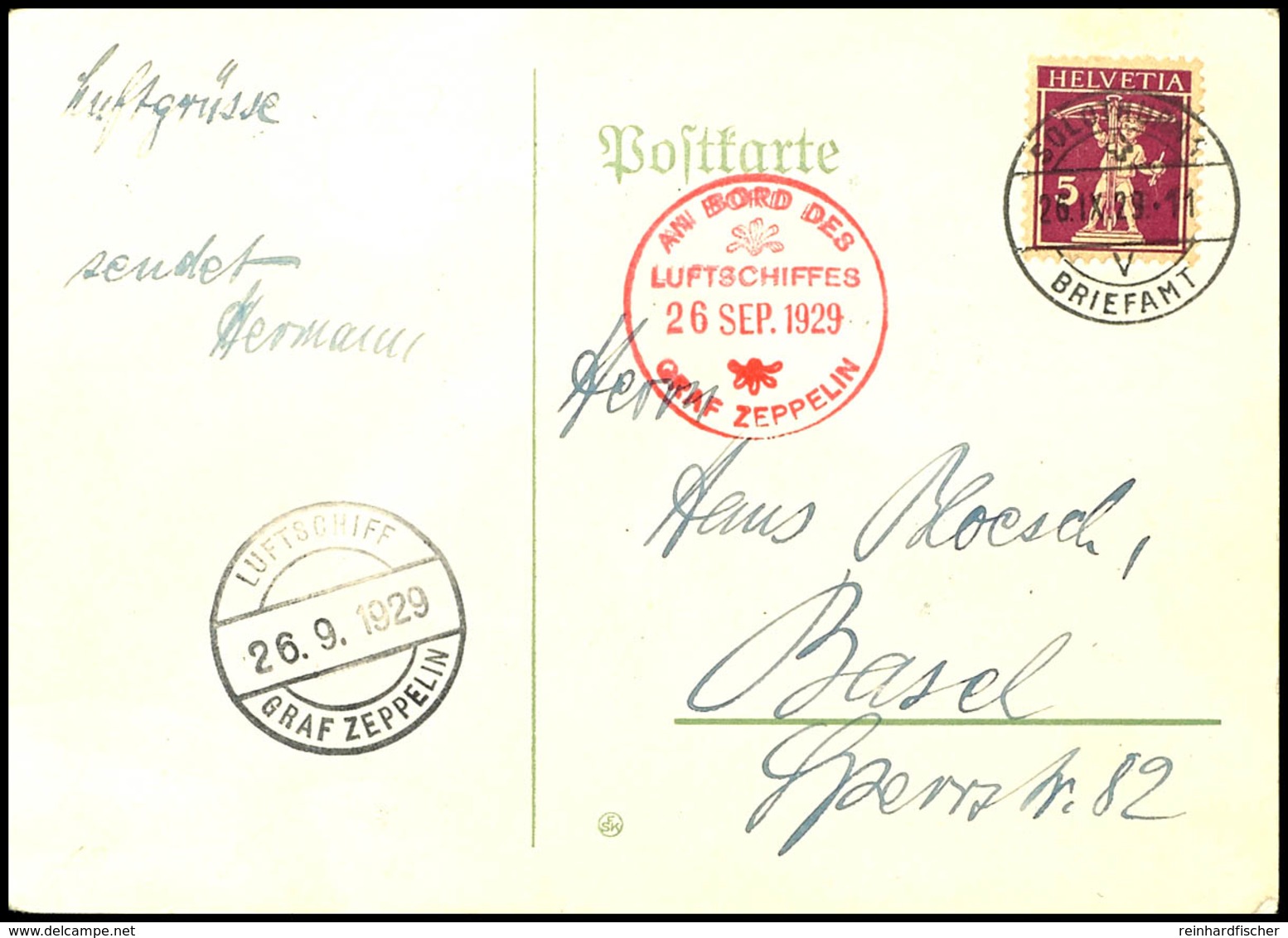 6911 1929, 1. Schweizfahrt, Abwurf Solothurn Mit Bord- Und Bordpoststempel Vom 26.9, Karte Mit Schweizer Frankatur Mit S - Other & Unclassified